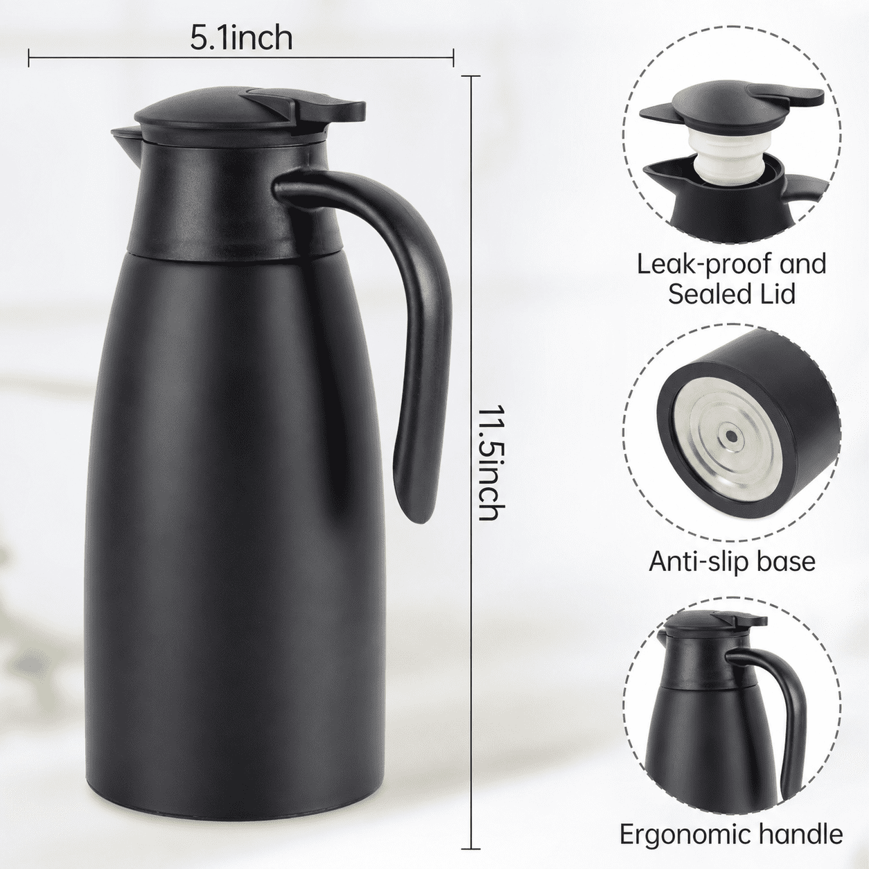 68oz Thermal Coffee Carafe, Stainless Steel Vacuum Insulated Coffee Thermos for Hot and Cold Beverage (Black)