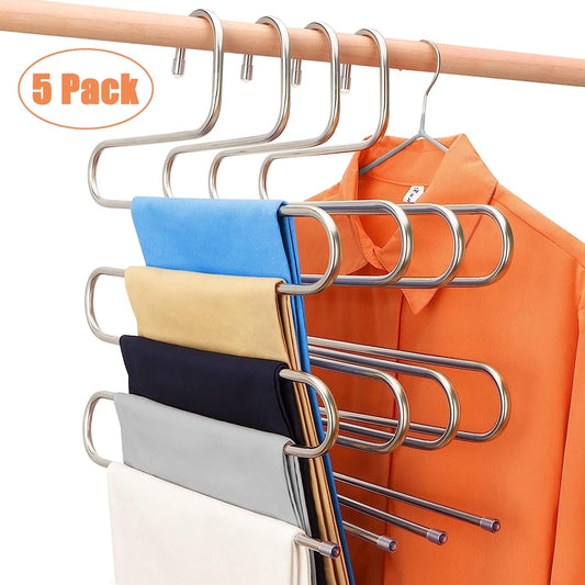5 Pack Pants Hangers Space Saving Stainless Steel 5 Layers S-Shape Non-Slip Hangers for Multiple Pants, Silver