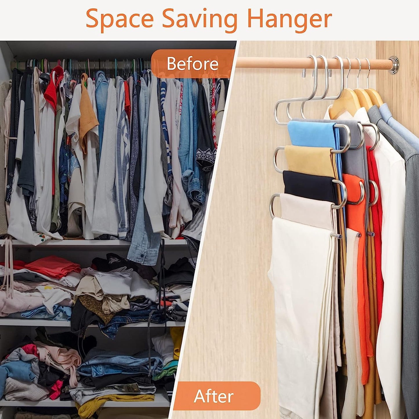 5 Pack Pants Hangers Space Saving Stainless Steel 5 Layers S-Shape Non-Slip Hangers for Multiple Pants, Silver