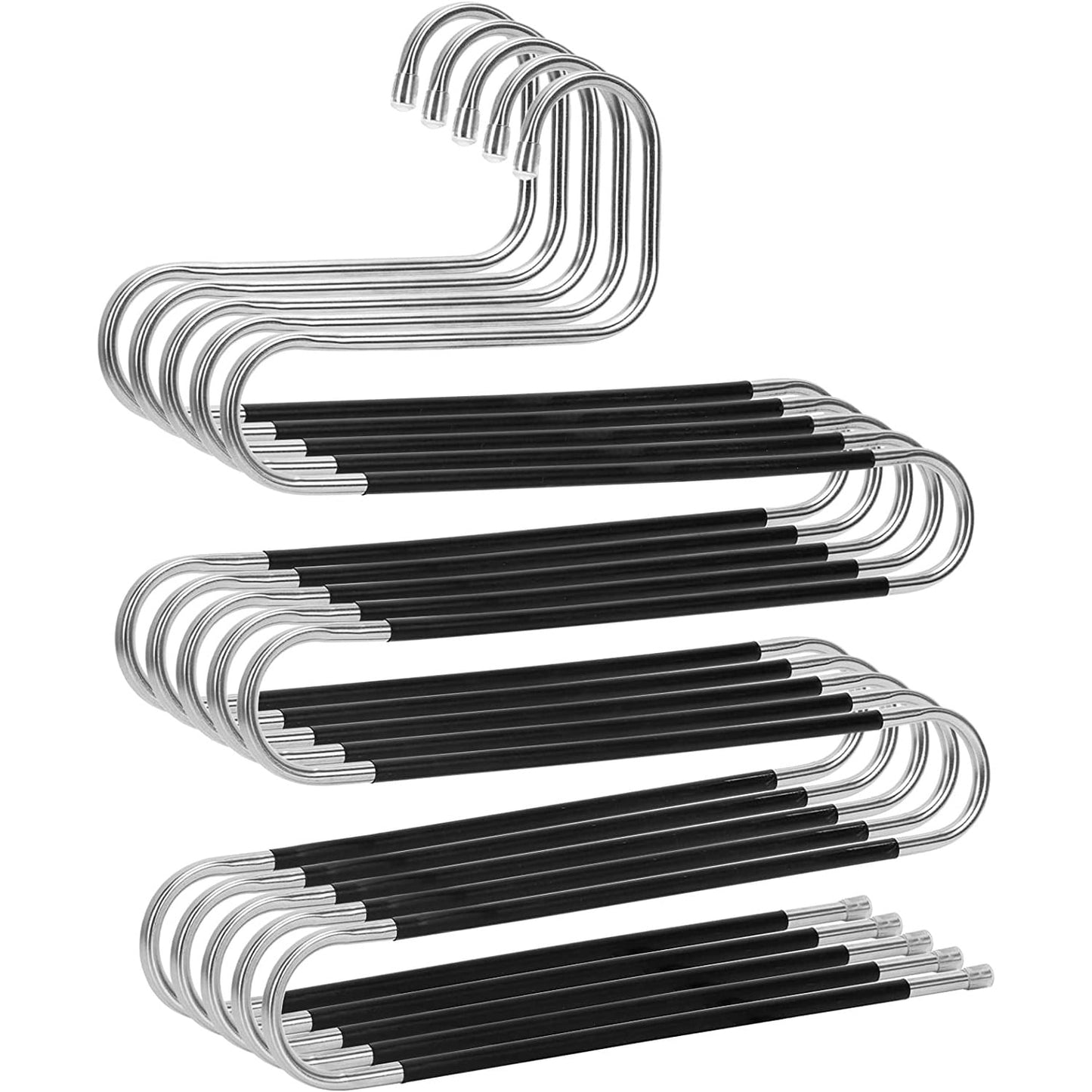 5 Pack Pants Hangers Space Saving Stainless Steel 5 Layers S-Shape Non-Slip Hangers for Multiple Pants, Silver