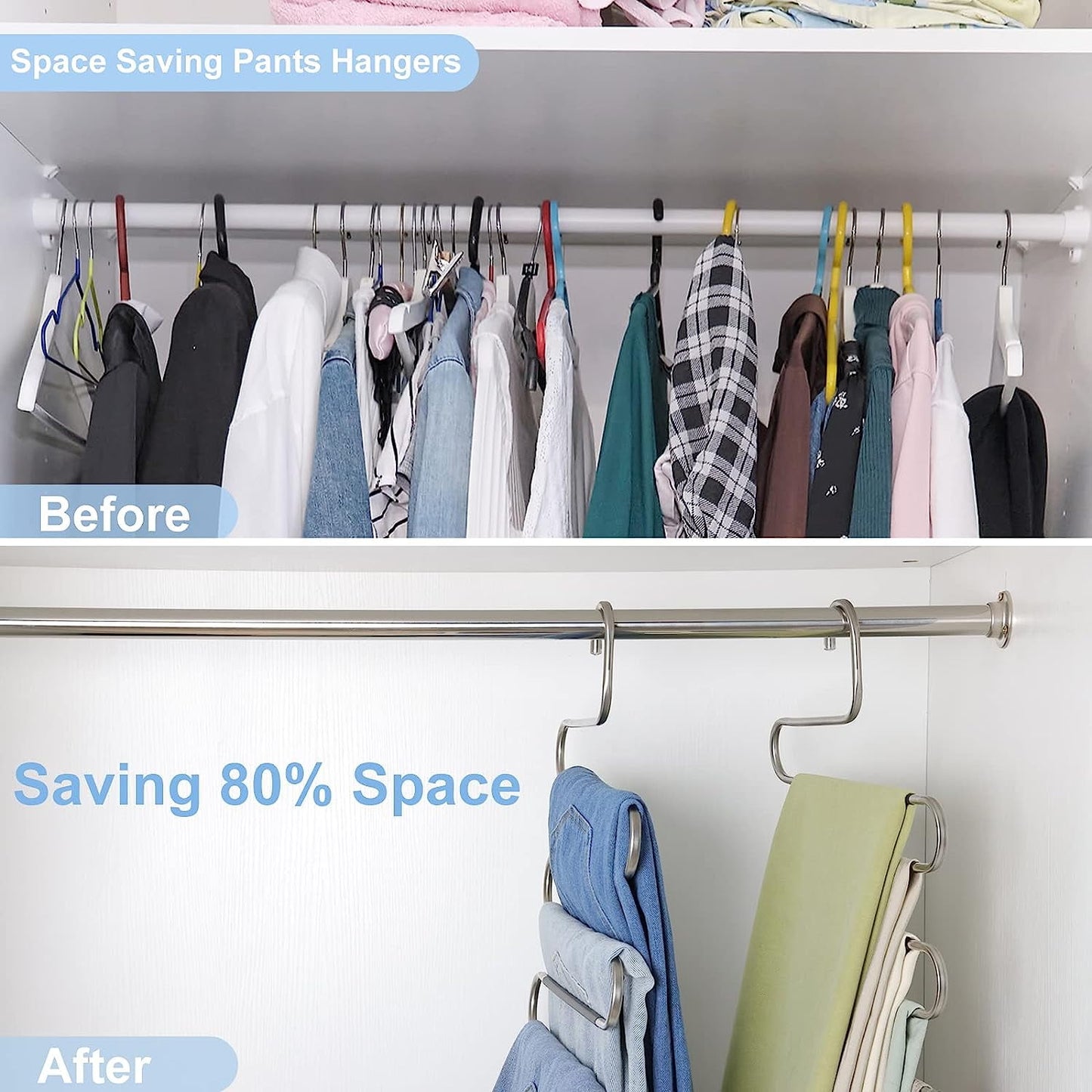 5 Pack Pants Hangers Space Saving Stainless Steel 5 Layers S-Shape Non-Slip Hangers for Multiple Pants, Silver