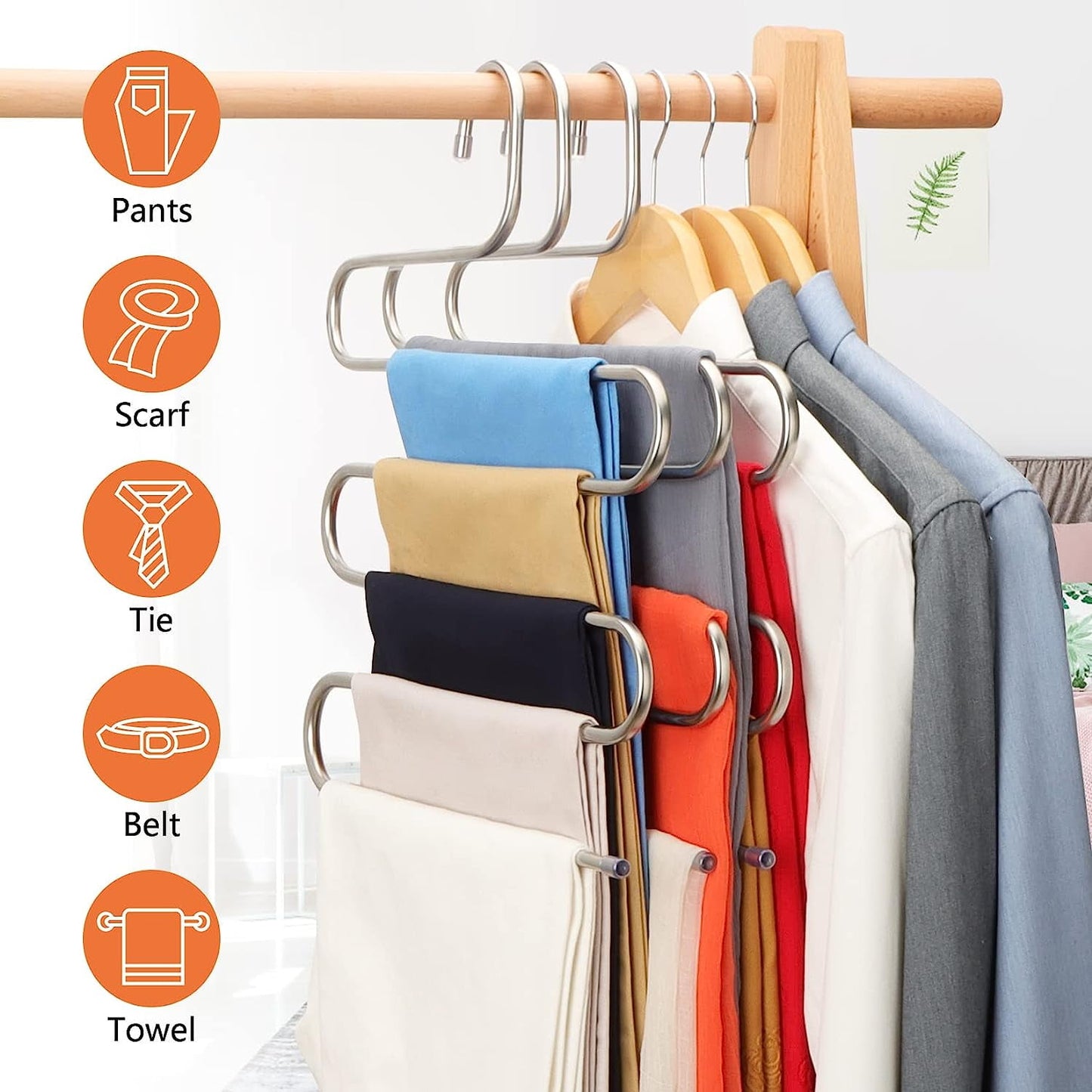 5 Pack Pants Hangers Space Saving Stainless Steel 5 Layers S-Shape Non-Slip Hangers for Multiple Pants, Silver