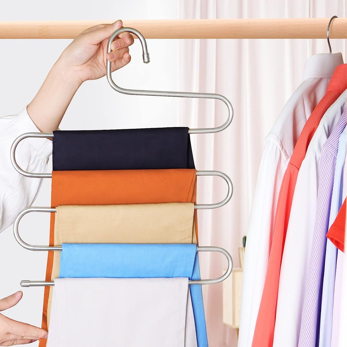 5 Pack Pants Hangers Space Saving Stainless Steel 5 Layers S-Shape Non-Slip Hangers for Multiple Pants, Silver