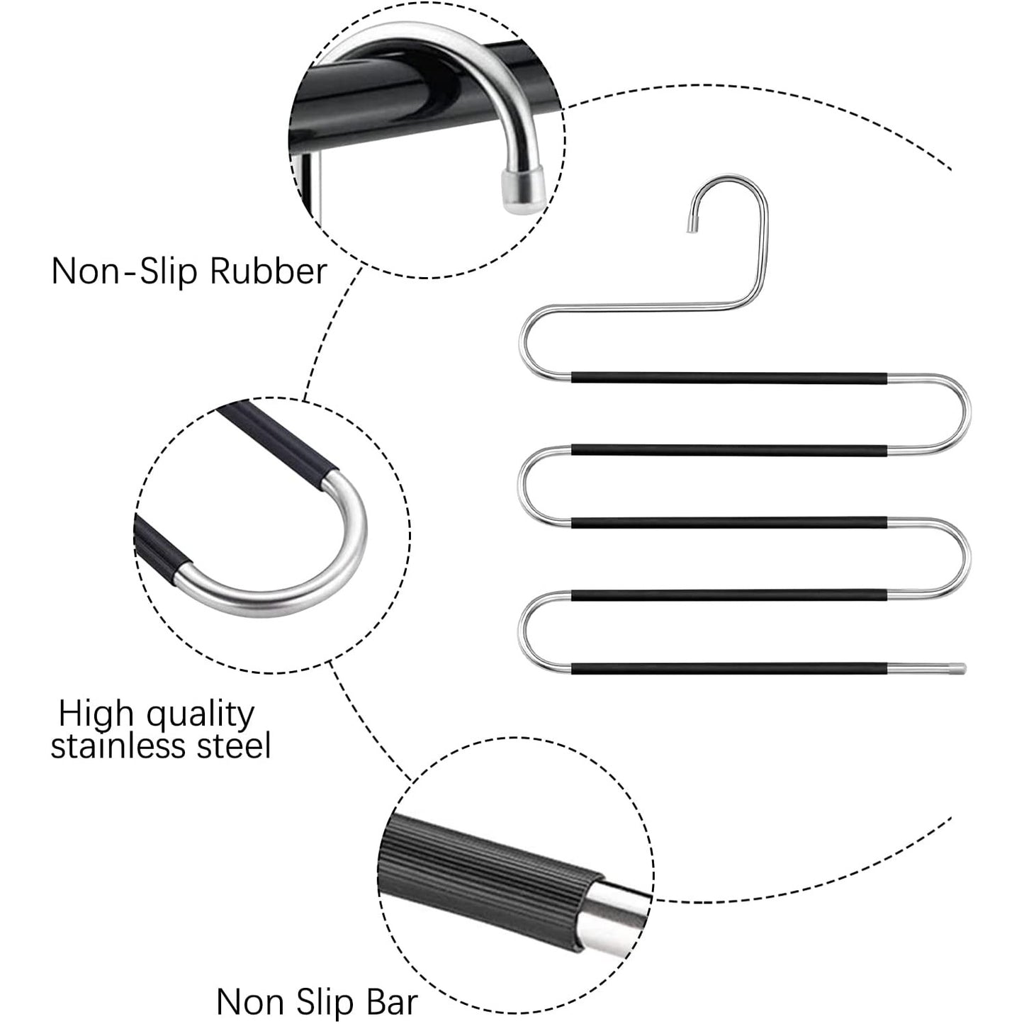 5 Pack Pants Hangers Space Saving Stainless Steel 5 Layers S-Shape Non-Slip Hangers for Multiple Pants, Silver