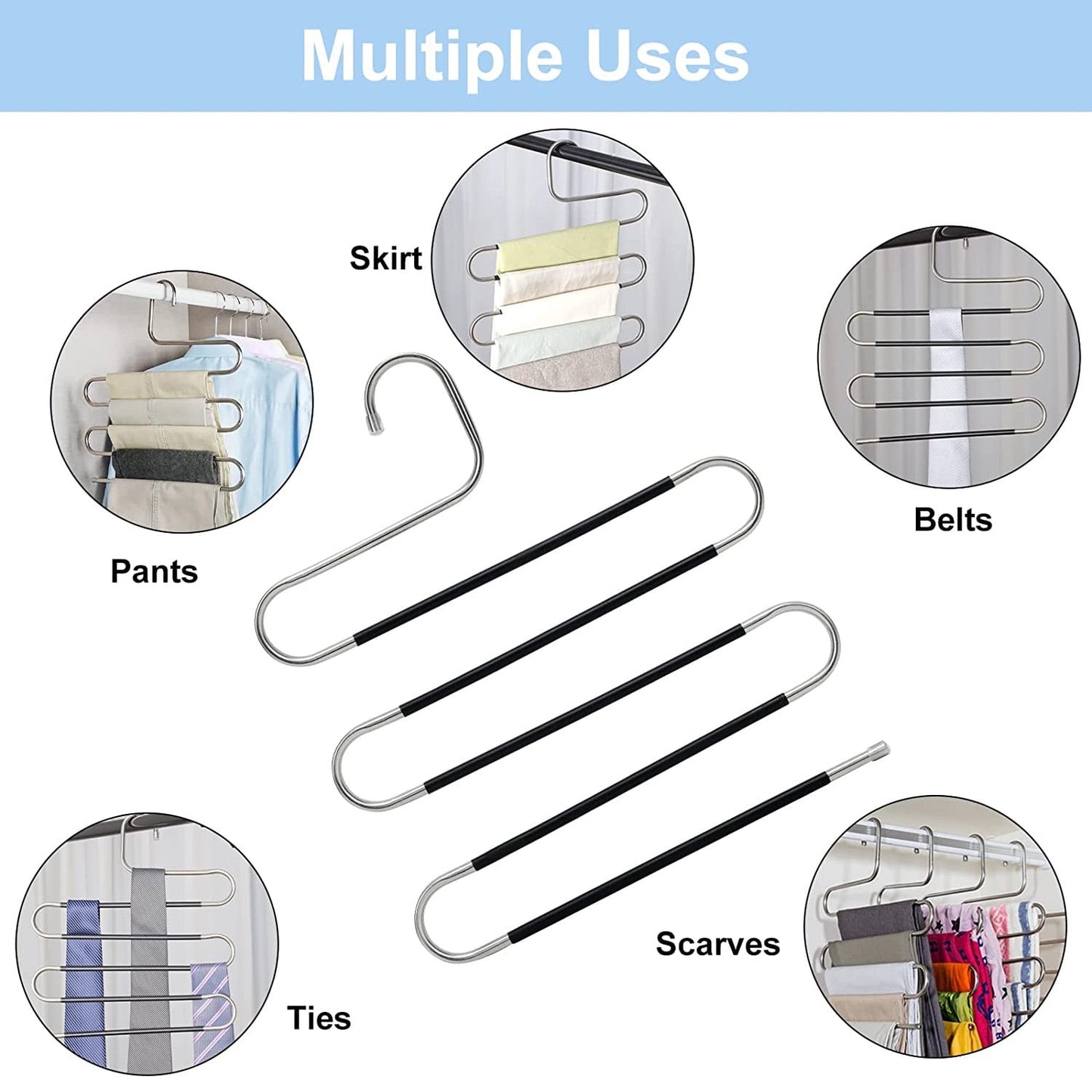 5 Pack Pants Hangers Space Saving Stainless Steel 5 Layers S-Shape Non-Slip Hangers for Multiple Pants, Silver