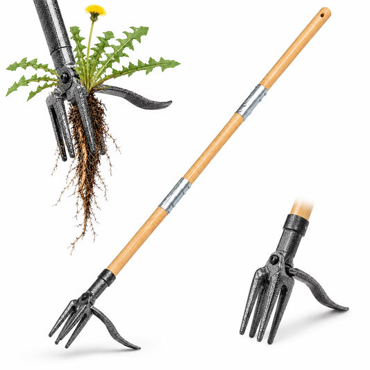Sentryse Stand Up Weed Puller Tool, 40" Long Handle Weed Remover with 4-Claw Steel Head & Bamboo Handle, Manual Root Puller for Dandelion, Crabgrass & Lawn Weeds