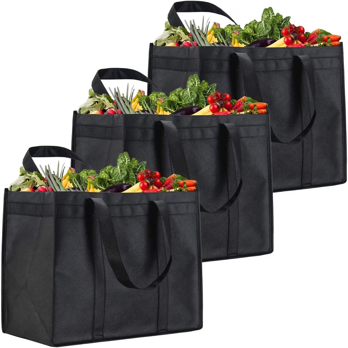 3 Pack Reusable Grocery Bags, Foldable Shopping Cart Bags, Washable Large Storage Reusable Bags, Grocery Tote Bag with Reinforced Handles & Thick Plastic Support Bottom