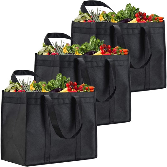 3 Pack Reusable Grocery Bags, Foldable Shopping Cart Bags, Washable Large Storage Reusable Bags, Grocery Tote Bag with Reinforced Handles & Thick Plastic Support Bottom