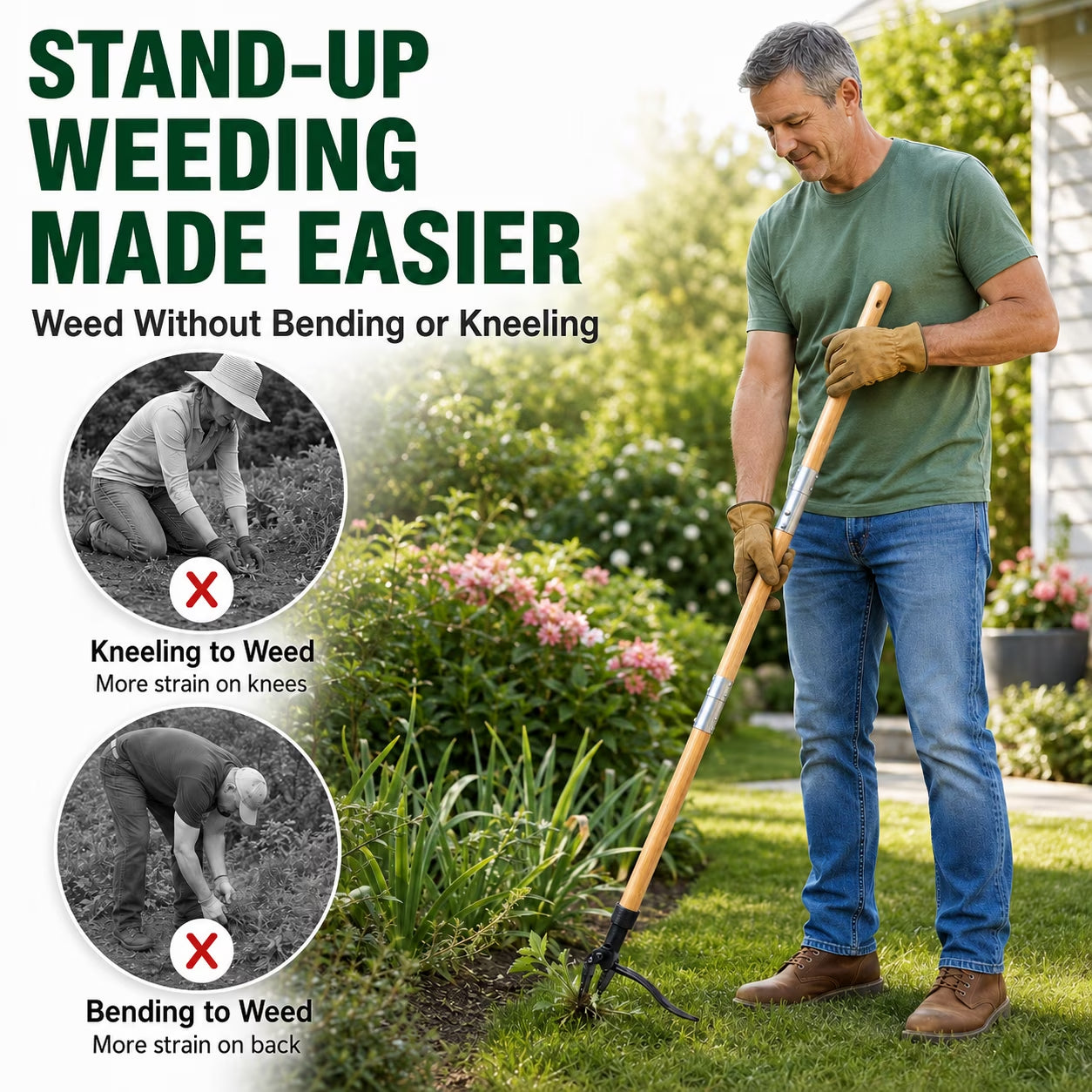 Sentryse Stand Up Weed Puller Tool, 40" Long Handle Weed Remover with 4-Claw Steel Head & Bamboo Handle, Manual Root Puller for Dandelion, Crabgrass & Lawn Weeds