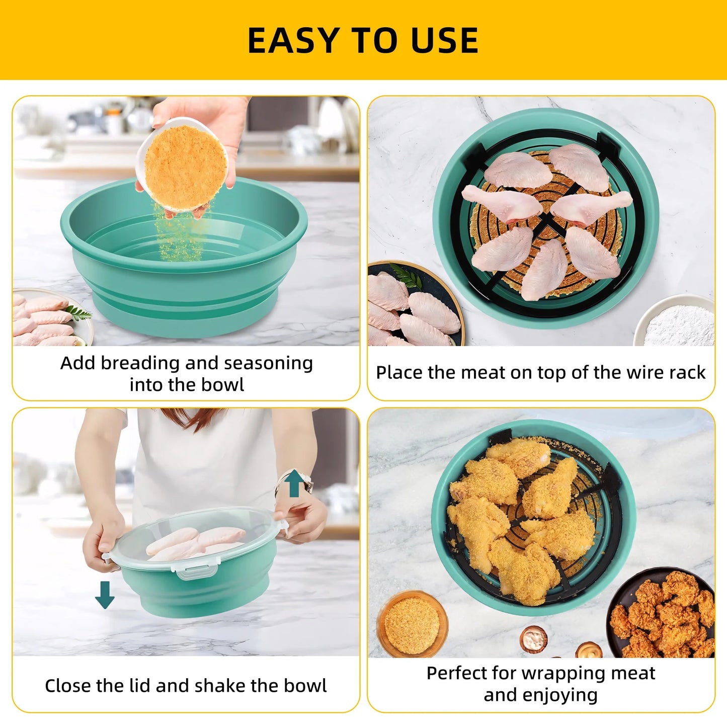Sentryse Collapsible Batter Bowl, Mess Free Breading Shaker, Silicone Mixing Bowls with Lids, Green