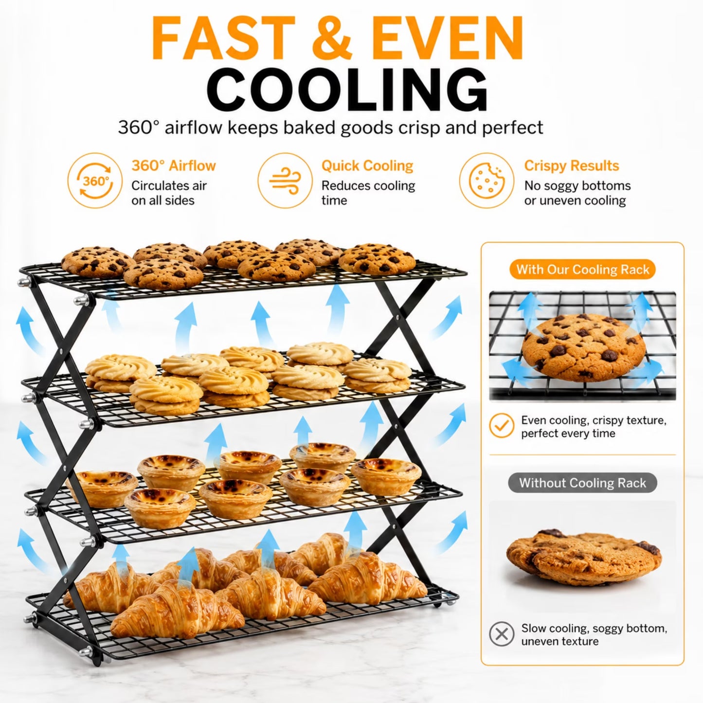 Sentryse 4 Tier Cooling Rack for Baking, Adjustable Collapsible Wire Rack with 100 Parchment Paper Sheets & Silicone Baking Mat for Cookies, Cakes, Roasting & Meal Prep