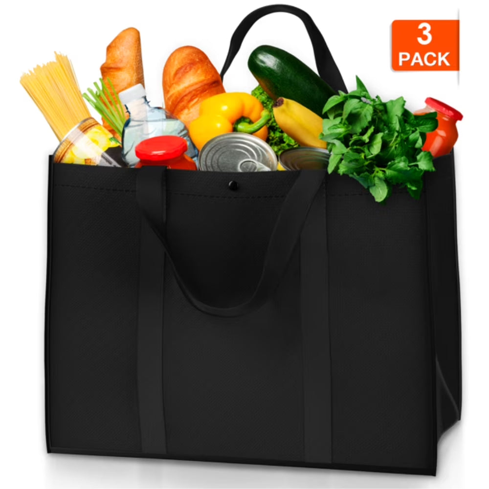 3 Pack Reusable Grocery Bags, Foldable Shopping Cart Bags, Washable Large Storage Reusable Bags, Grocery Tote Bag with Reinforced Handles & Thick Plastic Support Bottom