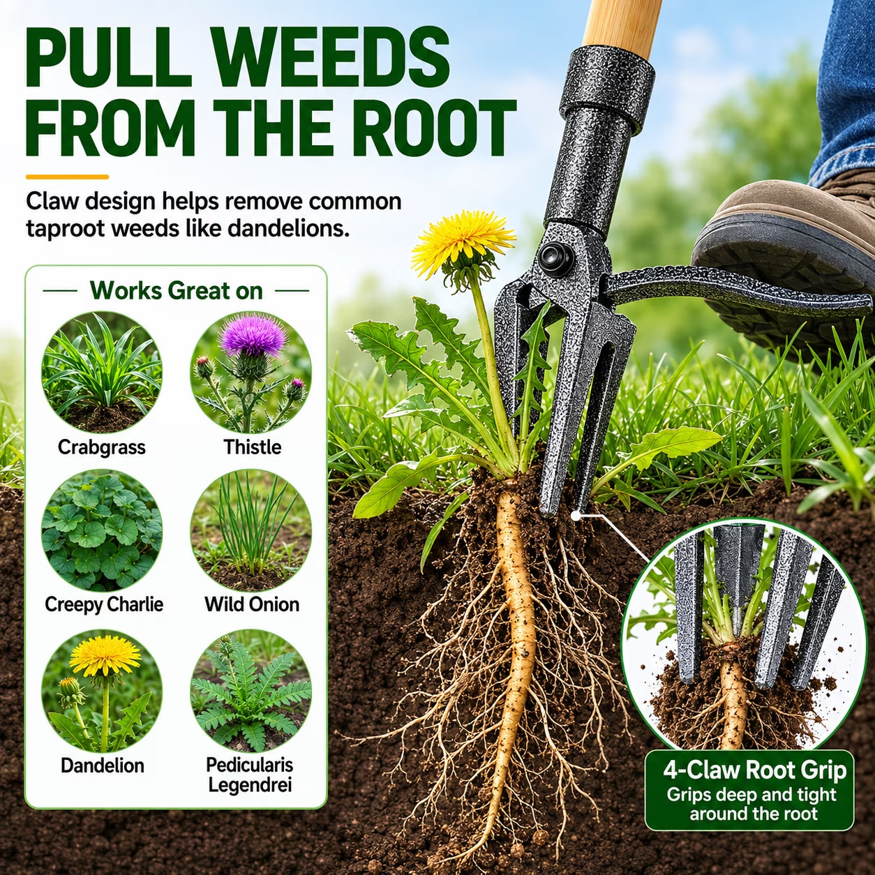 Sentryse Stand Up Weed Puller Tool, 40" Long Handle Weed Remover with 4-Claw Steel Head & Bamboo Handle, Manual Root Puller for Dandelion, Crabgrass & Lawn Weeds