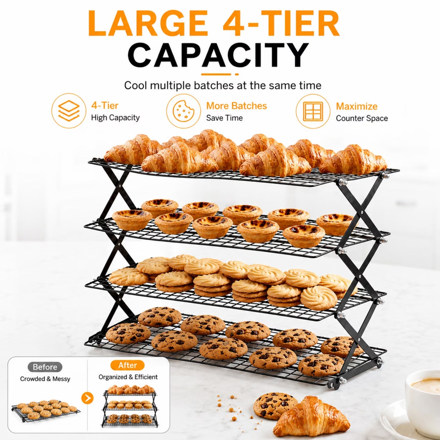 Sentryse 4 Tier Cooling Rack for Baking, Adjustable Collapsible Wire Rack with 100 Parchment Paper Sheets & Silicone Baking Mat for Cookies, Cakes, Roasting & Meal Prep