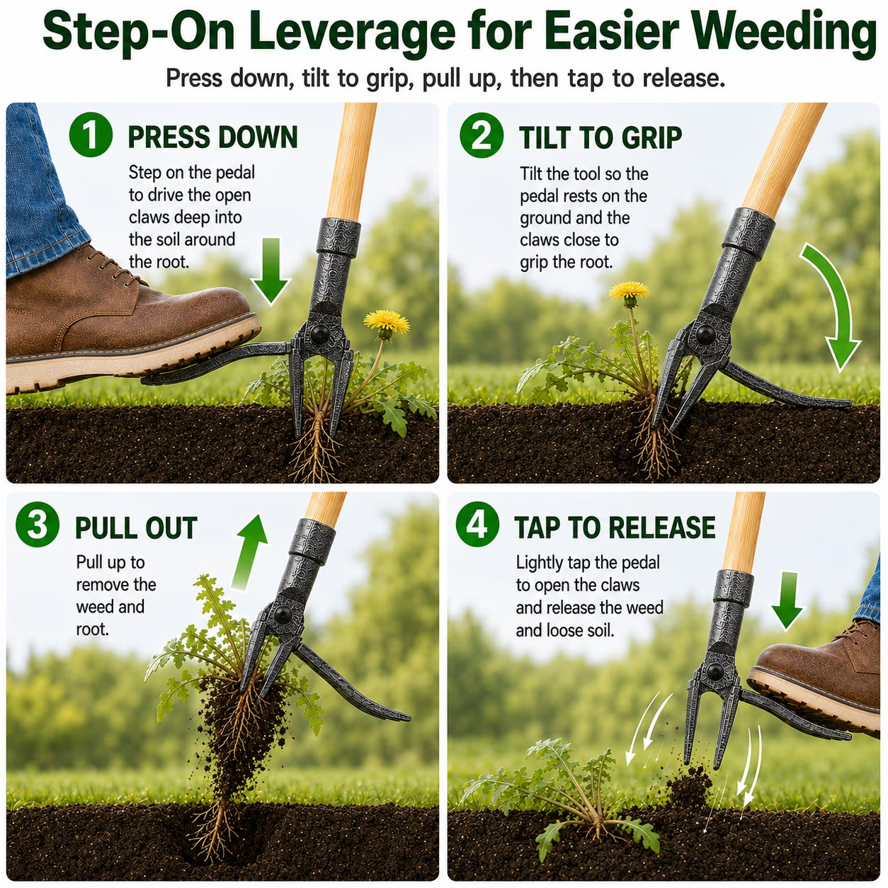 Sentryse Stand Up Weed Puller Tool, 40" Long Handle Weed Remover with 4-Claw Steel Head & Bamboo Handle, Manual Root Puller for Dandelion, Crabgrass & Lawn Weeds
