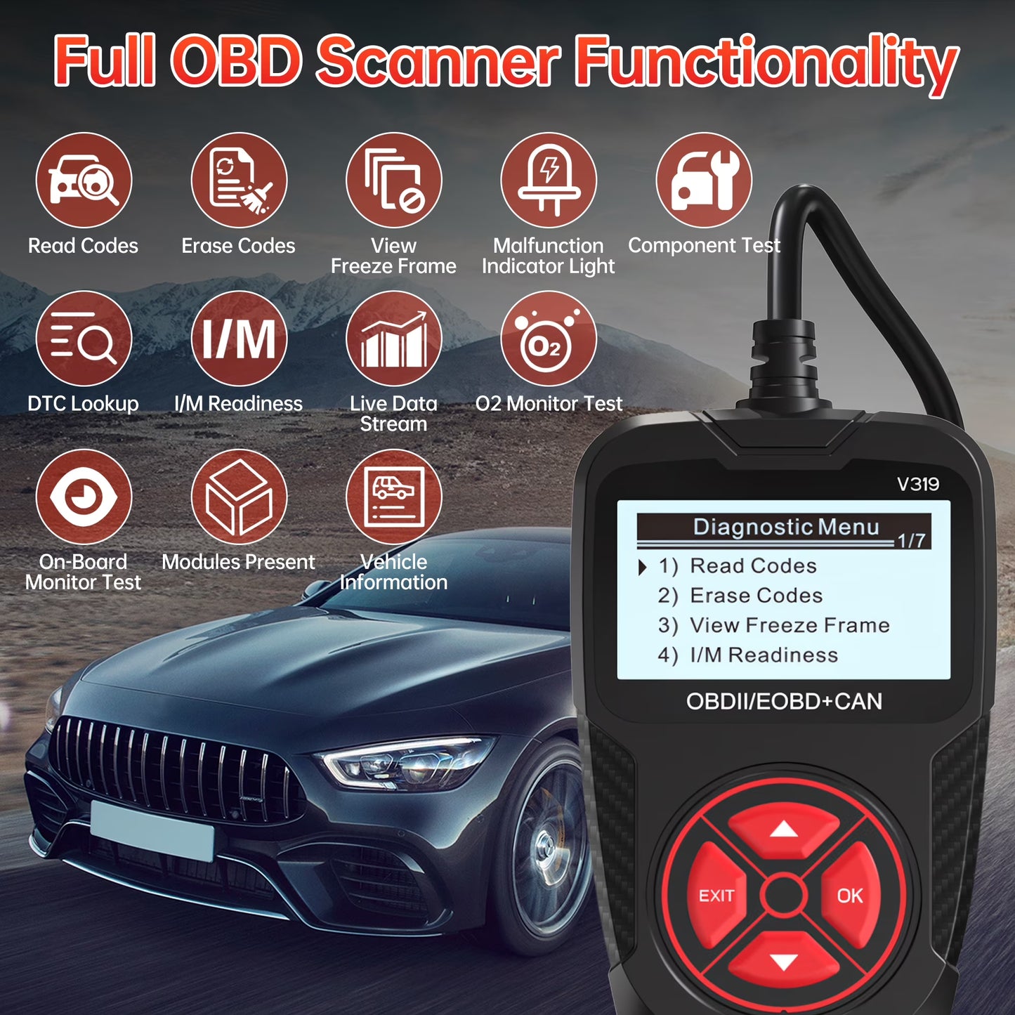 Sentryse OBD2 Scanner Diagnostic Tool, Car Code Reader for Cars and Trucks for Quick Retrieval of Error Codes, Check Engine Code Reader for All OBD II Vehicles since 1996