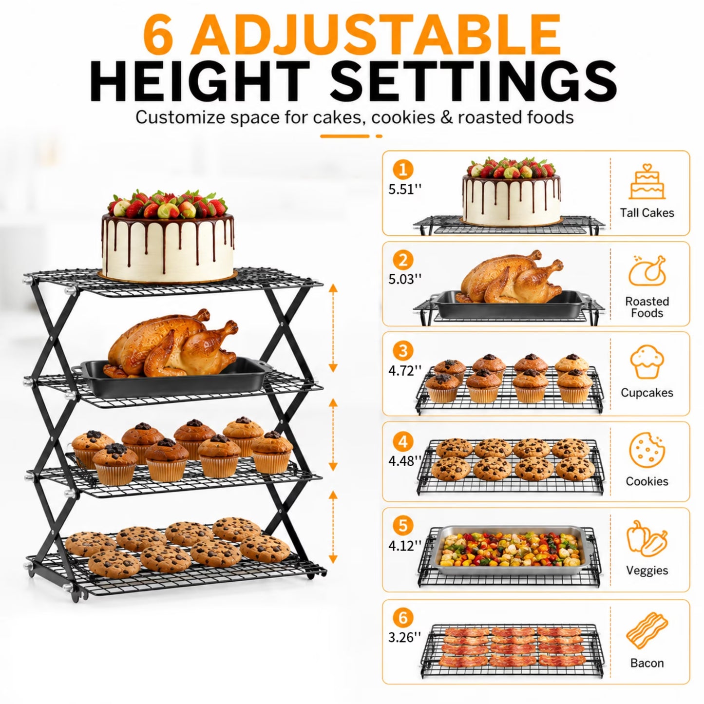 Sentryse 4 Tier Cooling Rack for Baking, Adjustable Collapsible Wire Rack with 100 Parchment Paper Sheets & Silicone Baking Mat for Cookies, Cakes, Roasting & Meal Prep