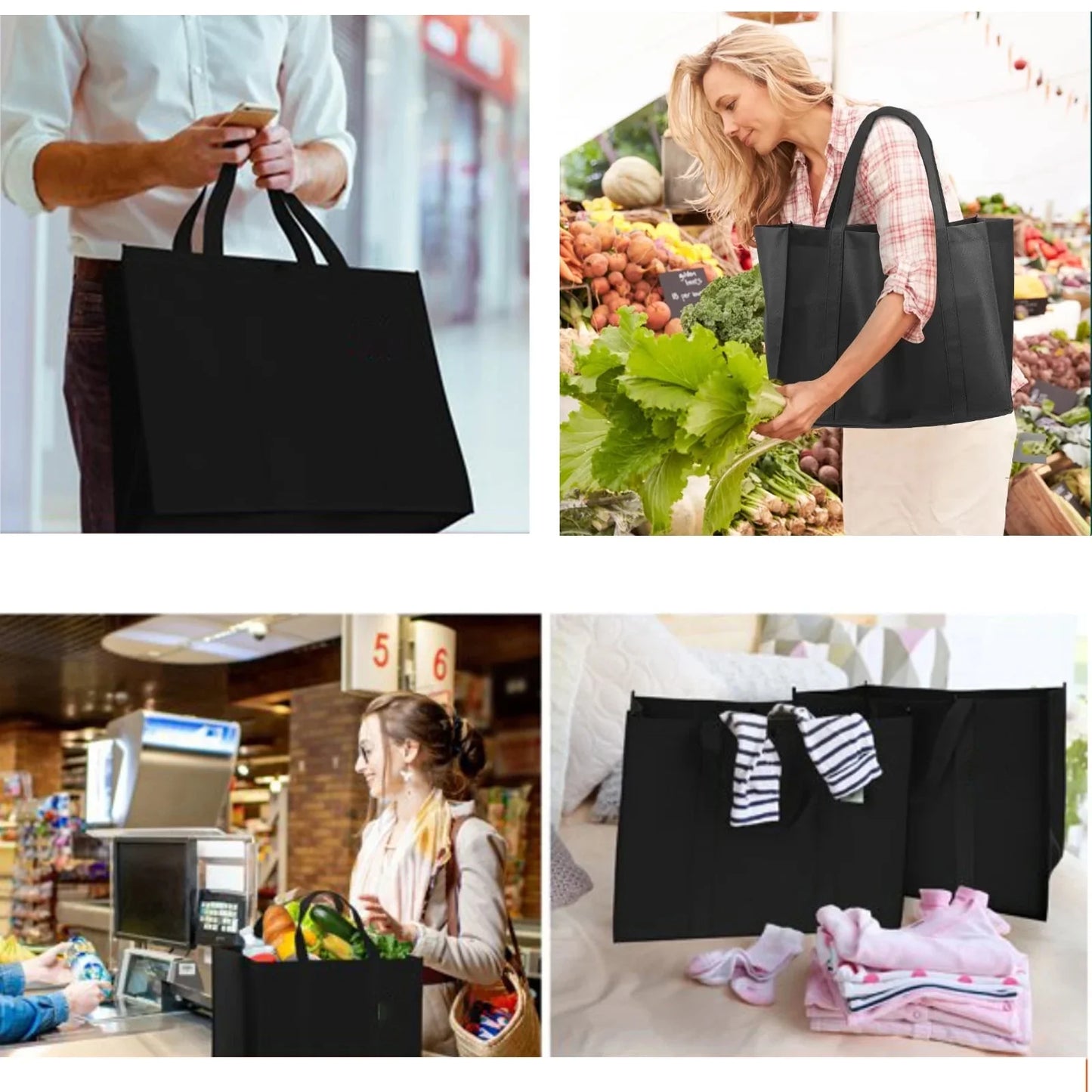 Sentryse 3-Piece Reusable Grocery Bags, Large Size Foldable Shopping Bag with Handle & Bottom Support