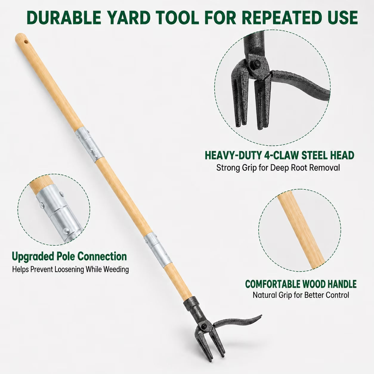 Sentryse Stand Up Weed Puller Tool, 40" Long Handle Weed Remover with 4-Claw Steel Head & Bamboo Handle, Manual Root Puller for Dandelion, Crabgrass & Lawn Weeds