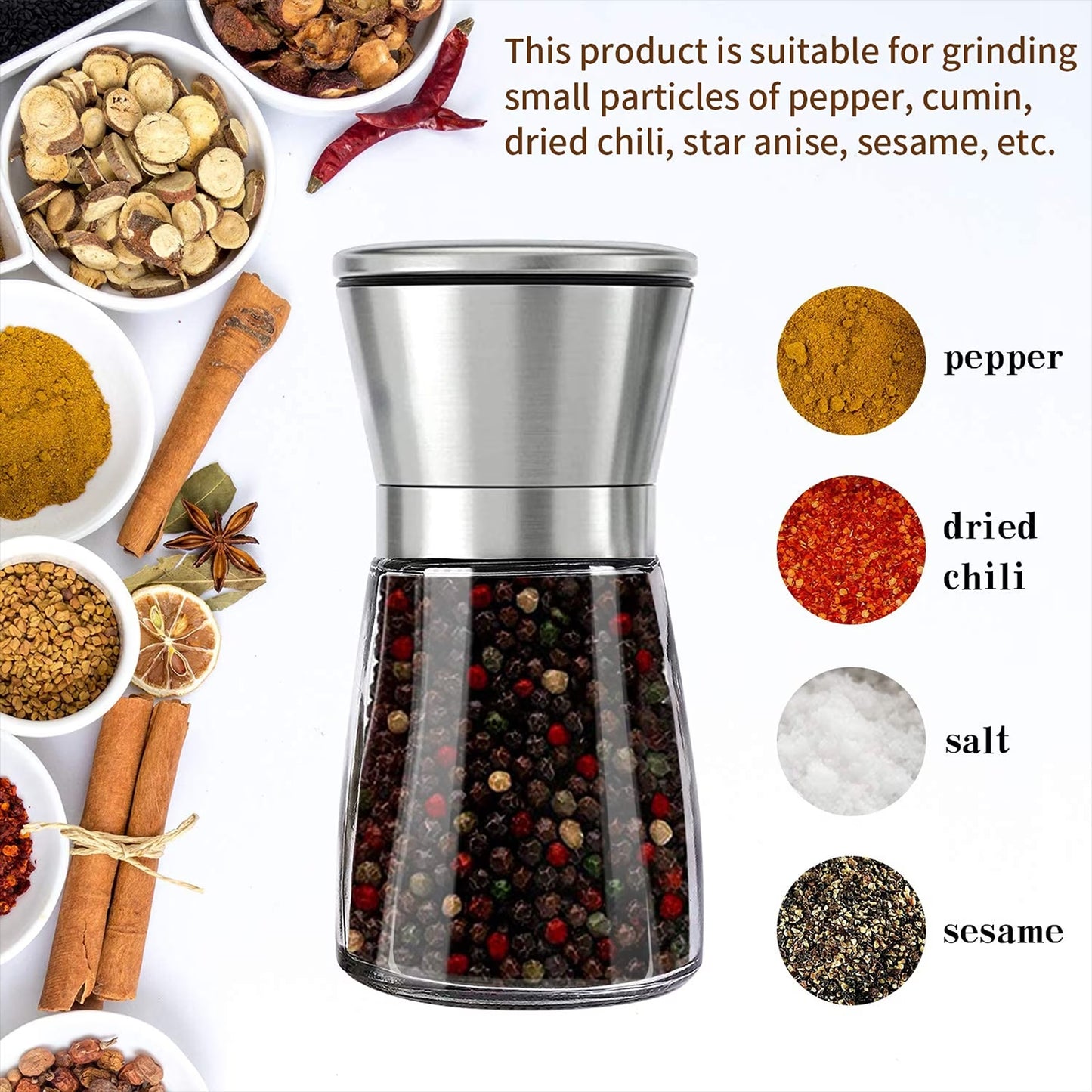 Sentryse Salt or Pepper Grinder, Manual Spice Mill, Refillable Pepper Mill, Stainless Steel, Adjustable Coarseness, 180ml/6oz, Perfect for Peppercorn, Salt or Spice