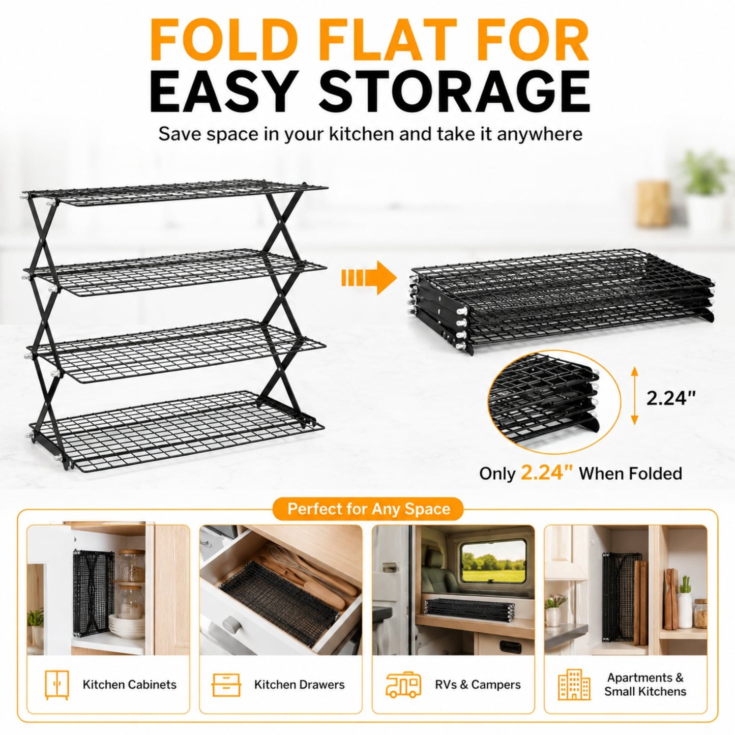 Sentryse 4 Tier Cooling Rack for Baking, Adjustable Collapsible Wire Rack with 100 Parchment Paper Sheets & Silicone Baking Mat for Cookies, Cakes, Roasting & Meal Prep