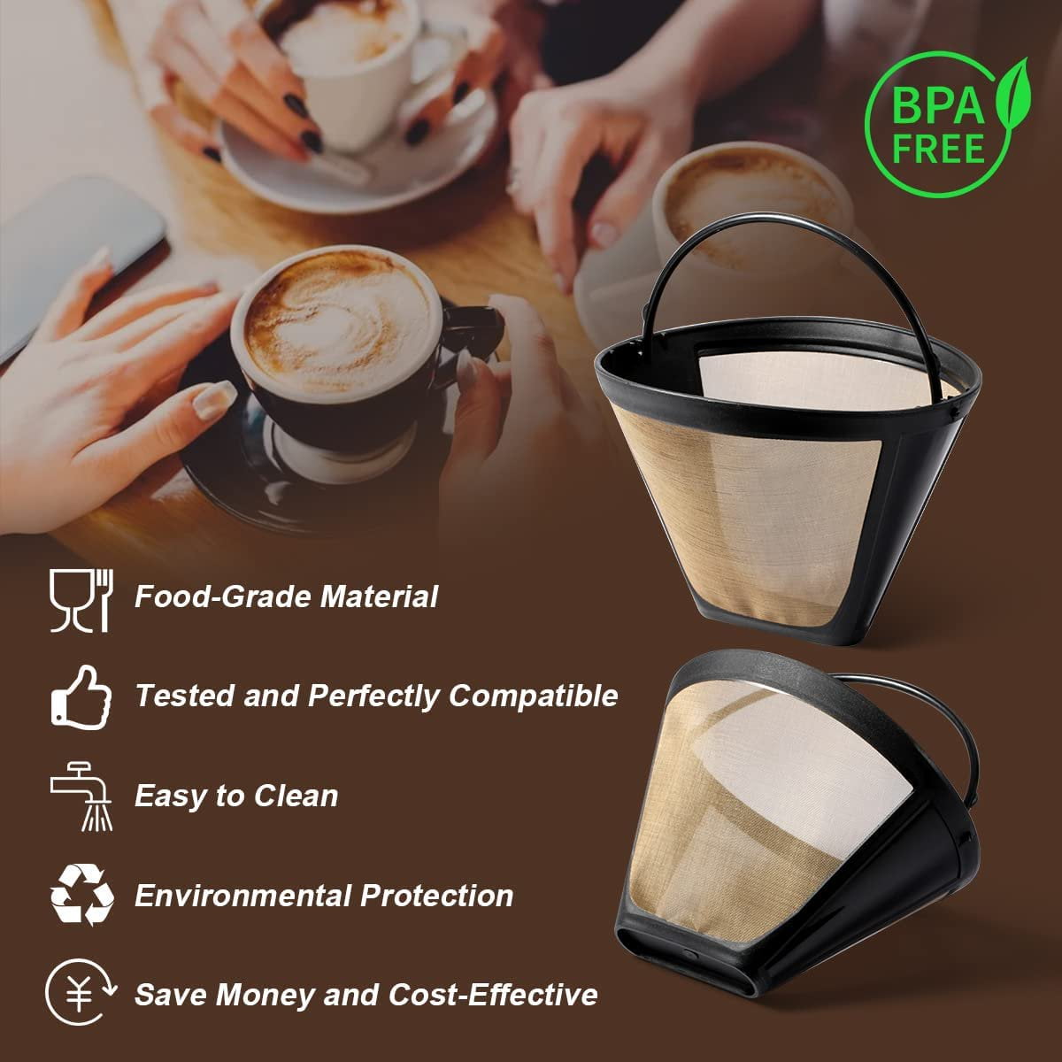 Sentryse GTF-4 Reusable Coffee Filter, Gold Tone Replacement Brew Filter Compatible with Ninja Coffee Brewer, Cone Style, 2 Pack