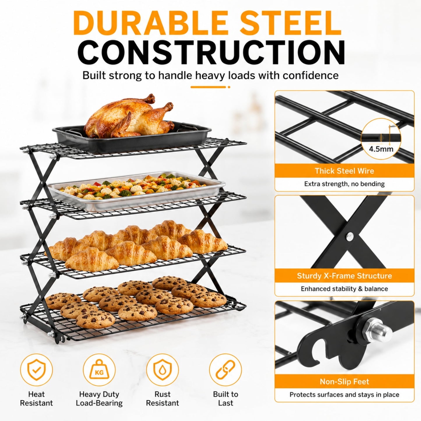 Sentryse 4 Tier Cooling Rack for Baking, Adjustable Collapsible Wire Rack with 100 Parchment Paper Sheets & Silicone Baking Mat for Cookies, Cakes, Roasting & Meal Prep