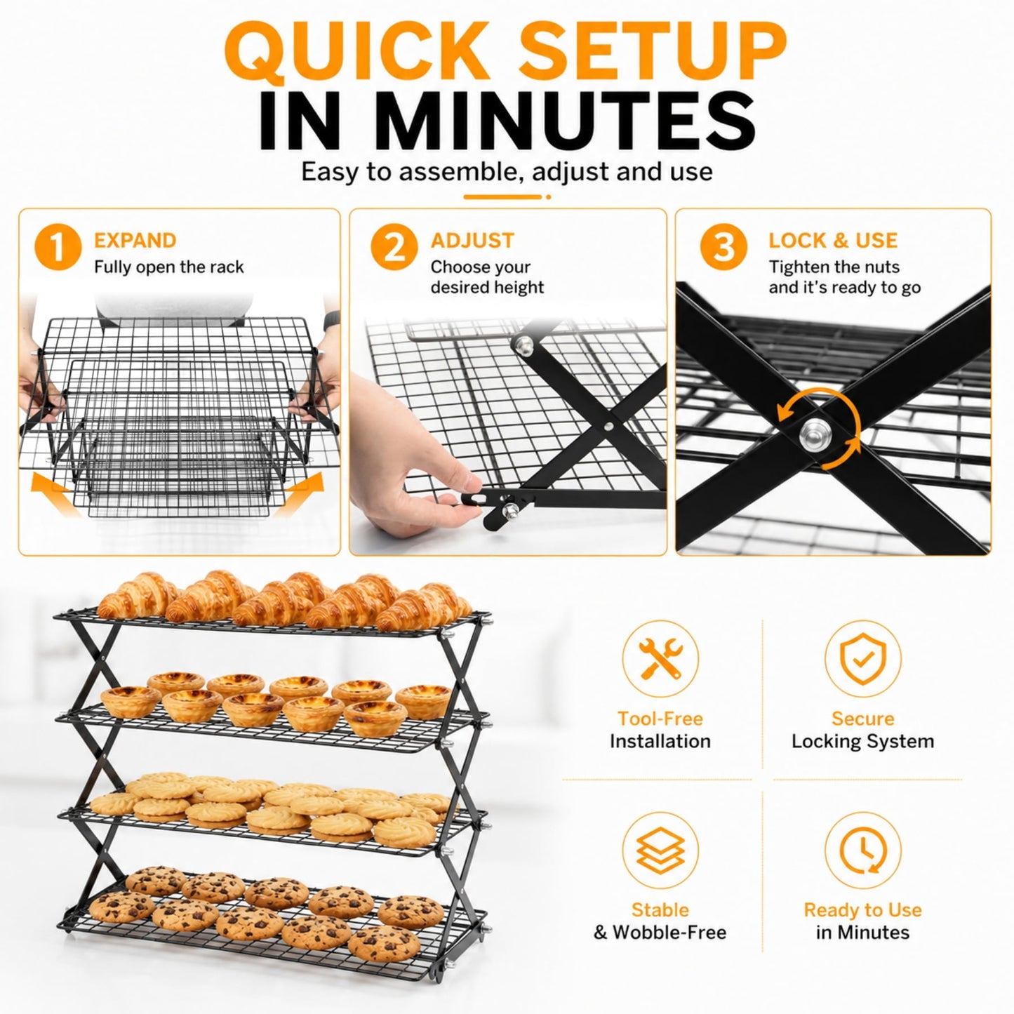 Sentryse 4 Tier Cooling Rack for Baking, Adjustable Collapsible Wire Rack with 100 Parchment Paper Sheets & Silicone Baking Mat for Cookies, Cakes, Roasting & Meal Prep