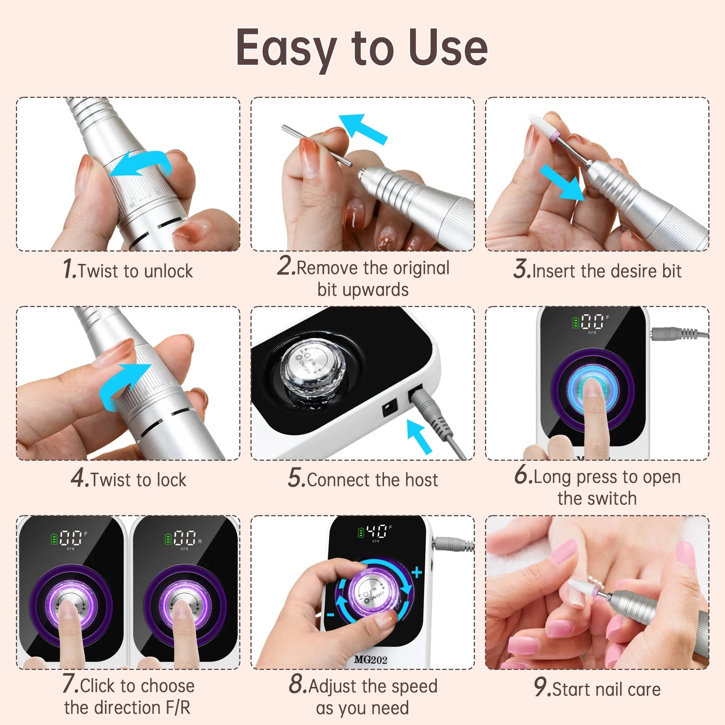 Sentryse Portable Nail Drill Electric File, 40000RPM Professional Rechargeable Nail E-File Machine with Bits & Base for Acrylic Nails Remove Nail Gel Polish Manicure for Salon Home