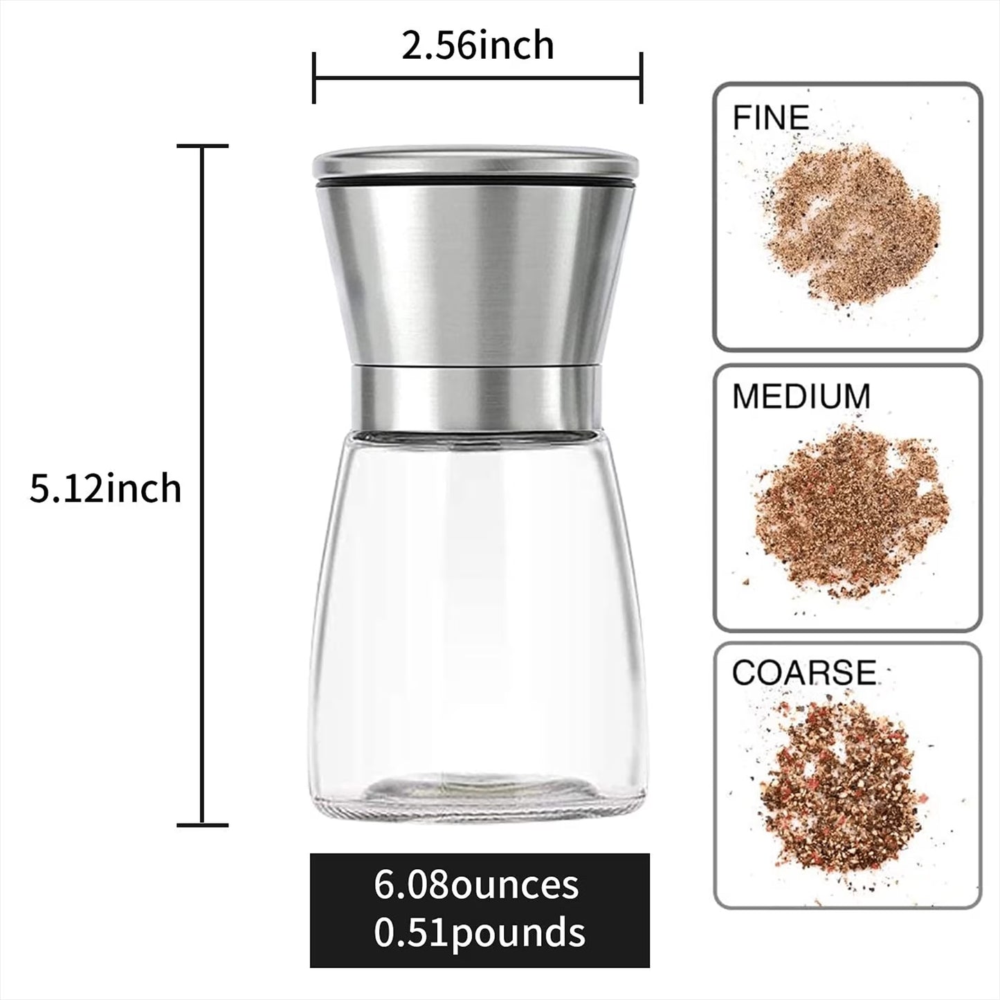 Sentryse Salt or Pepper Grinder, Manual Spice Mill, Refillable Pepper Mill, Stainless Steel, Adjustable Coarseness, 180ml/6oz, Perfect for Peppercorn, Salt or Spice
