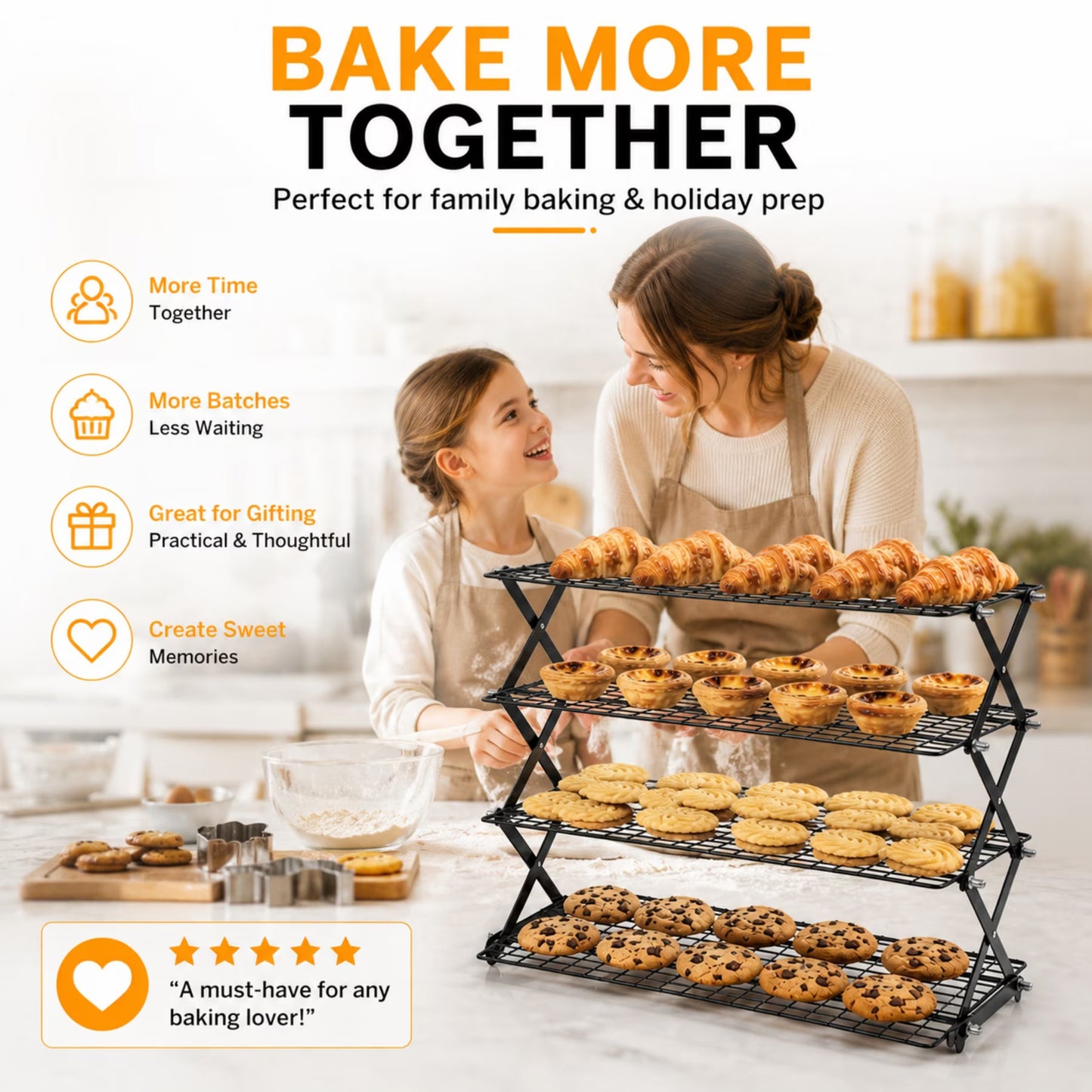 Sentryse 4 Tier Cooling Rack for Baking, Adjustable Collapsible Wire Rack with 100 Parchment Paper Sheets & Silicone Baking Mat for Cookies, Cakes, Roasting & Meal Prep