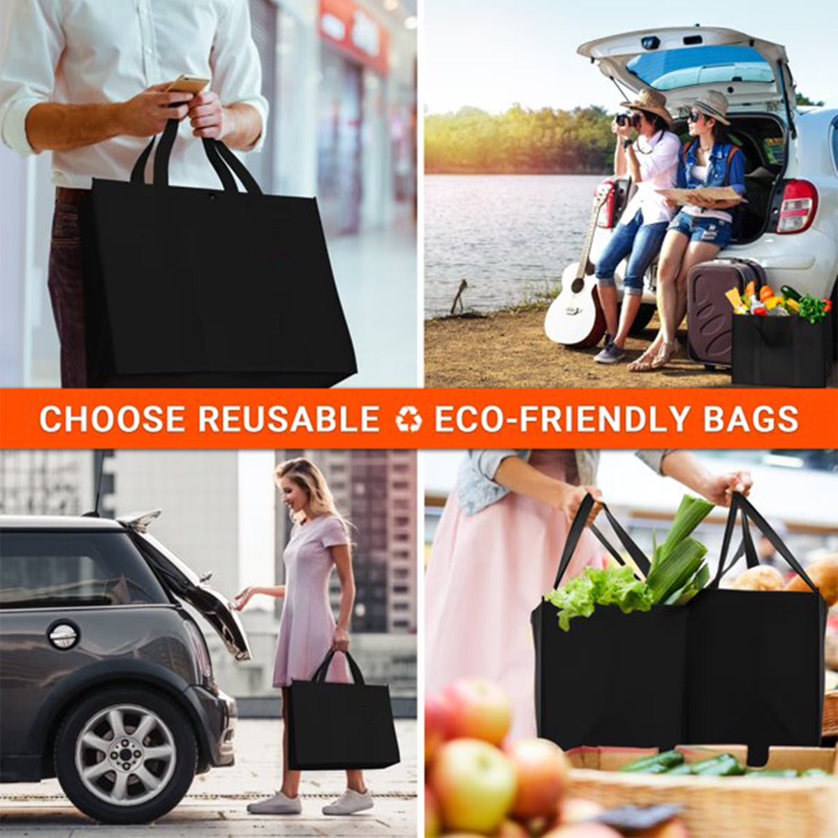 3 Pack Reusable Grocery Bags, Foldable Shopping Cart Bags, Washable Large Storage Reusable Bags, Grocery Tote Bag with Reinforced Handles & Thick Plastic Support Bottom