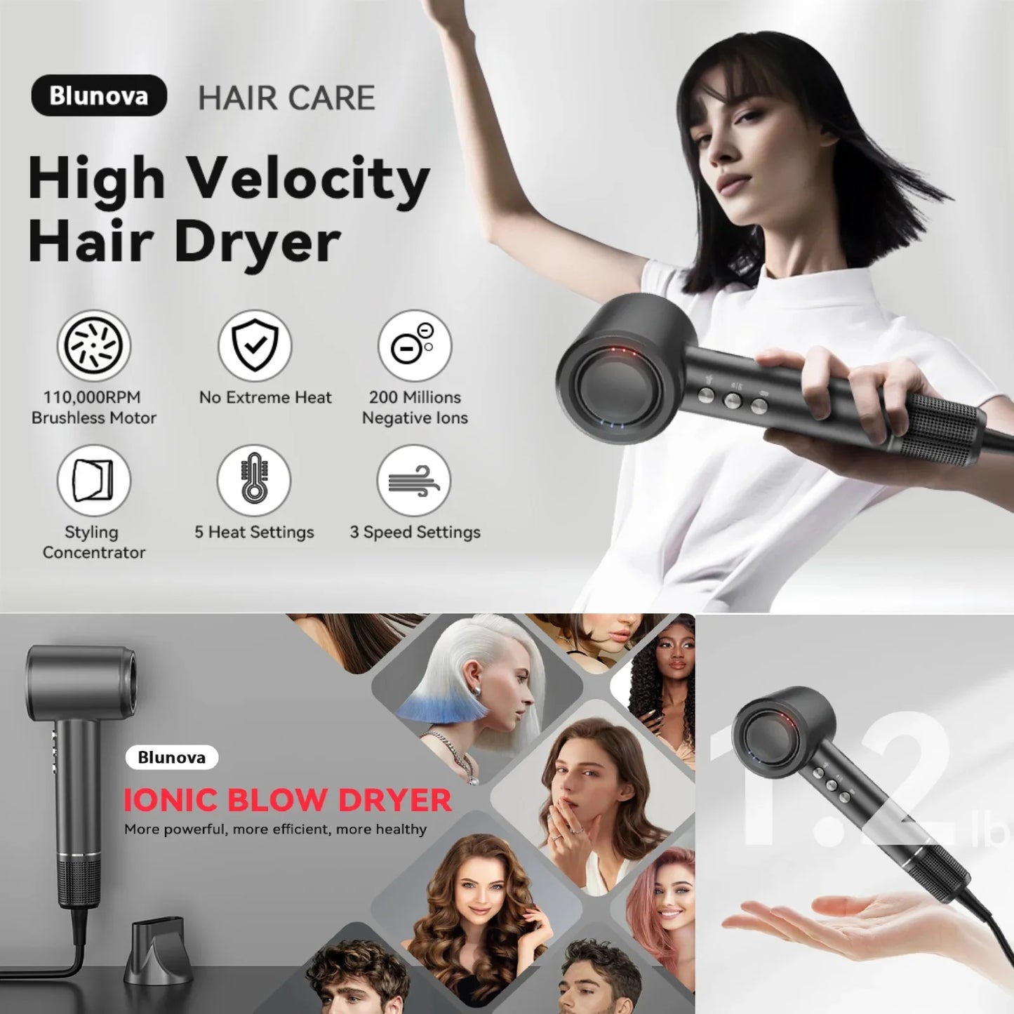 Sentryse High Speed Ionic Hair Dryer, 110,000 RPM Fast Drying Blow Dryer with Magnetic Nozzle, Low Noise, Intelligent Heat Control
