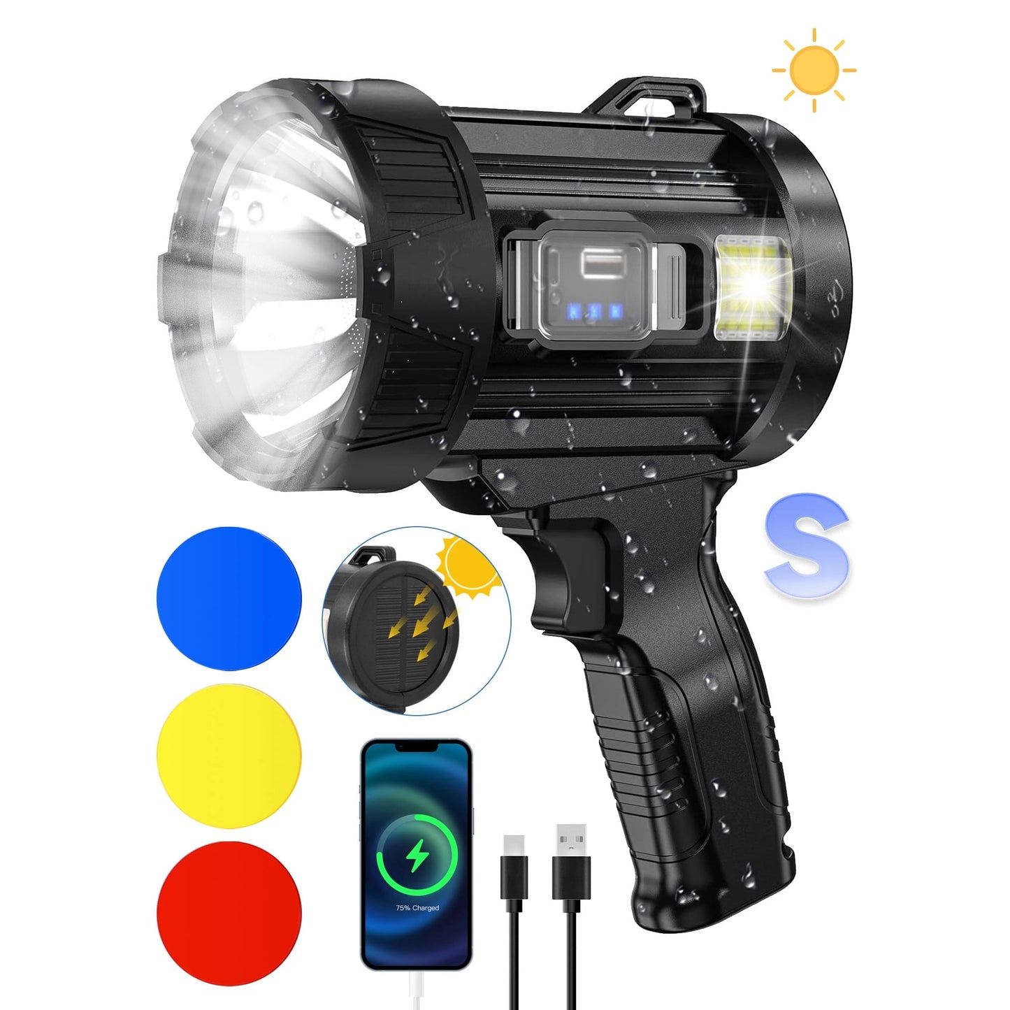 Sentryse Rechargeable Spotlight Flashlight, 99,000 Lumens Super Bright Handheld Spotlight, Long Running Spot Light Searchlight with Solar Panels for Hunting Boating Camping, Black Small