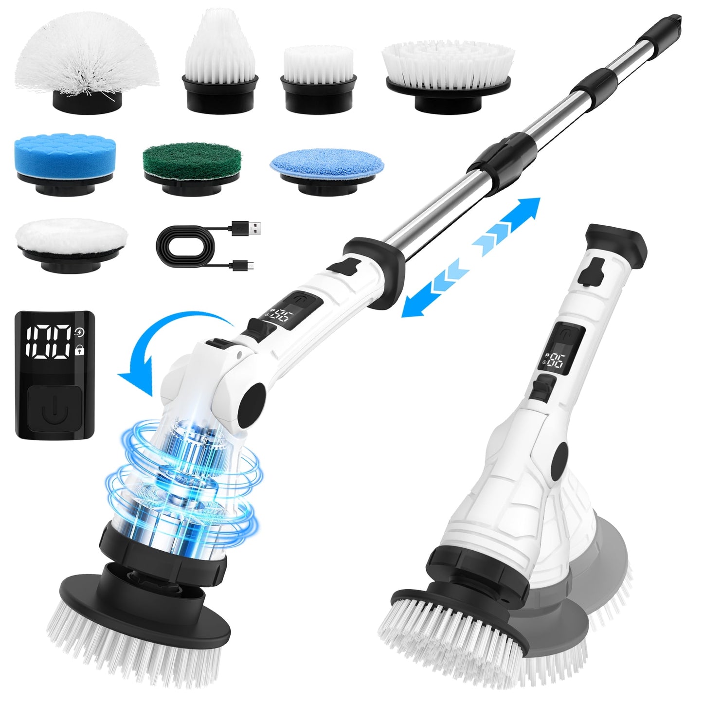 Electric Spin Scrubber, Adjustable Angle ＆ Extension Handle, 3 Speed Mode Power Electric Scrubber for Cleaning, Cordless Shower Cleaning Brush with 8 Brush Heads for Bathroom/Tub/Floor/Tile