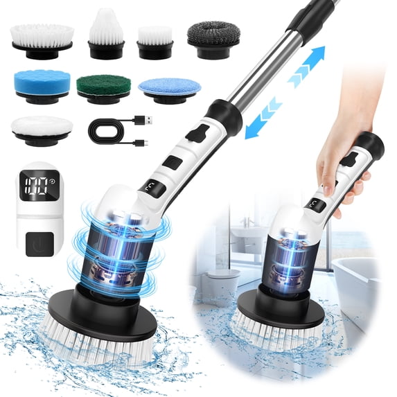 Electric Spin Scrubber, Extension Handle, 3 Speed Mode Power Electric Scrubber for Cleaning, Cordless Shower Cleaning Brush with 8 Brush Heads for Bathroom,Tub,Floor,Tile(Black-White)