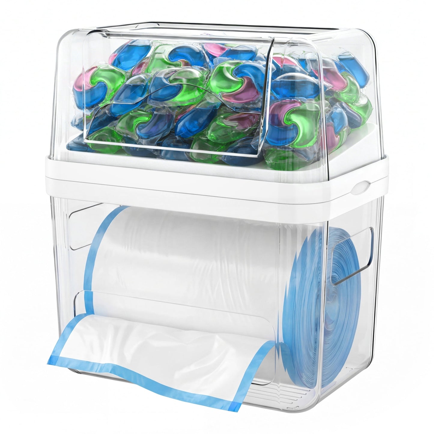 3-in-1 Trash Bag Dispenser, Laundry & Dishwasher Pods Organizer, Garbage Bag Holder, Cleaner Tablets Storage Box, Laundry Room Pantry Kitchen Under Sink Organizer Bin, Clear