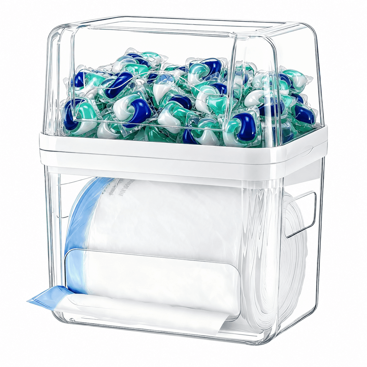 Sentryse Acrylic Trash Bag Dispenser and Pod Organizer, 3-in-1 Under Sink Storage for Trash Bags, Laundry Pods and Dishwasher Pods, Clear Kitchen Cabinet Organizer Bins