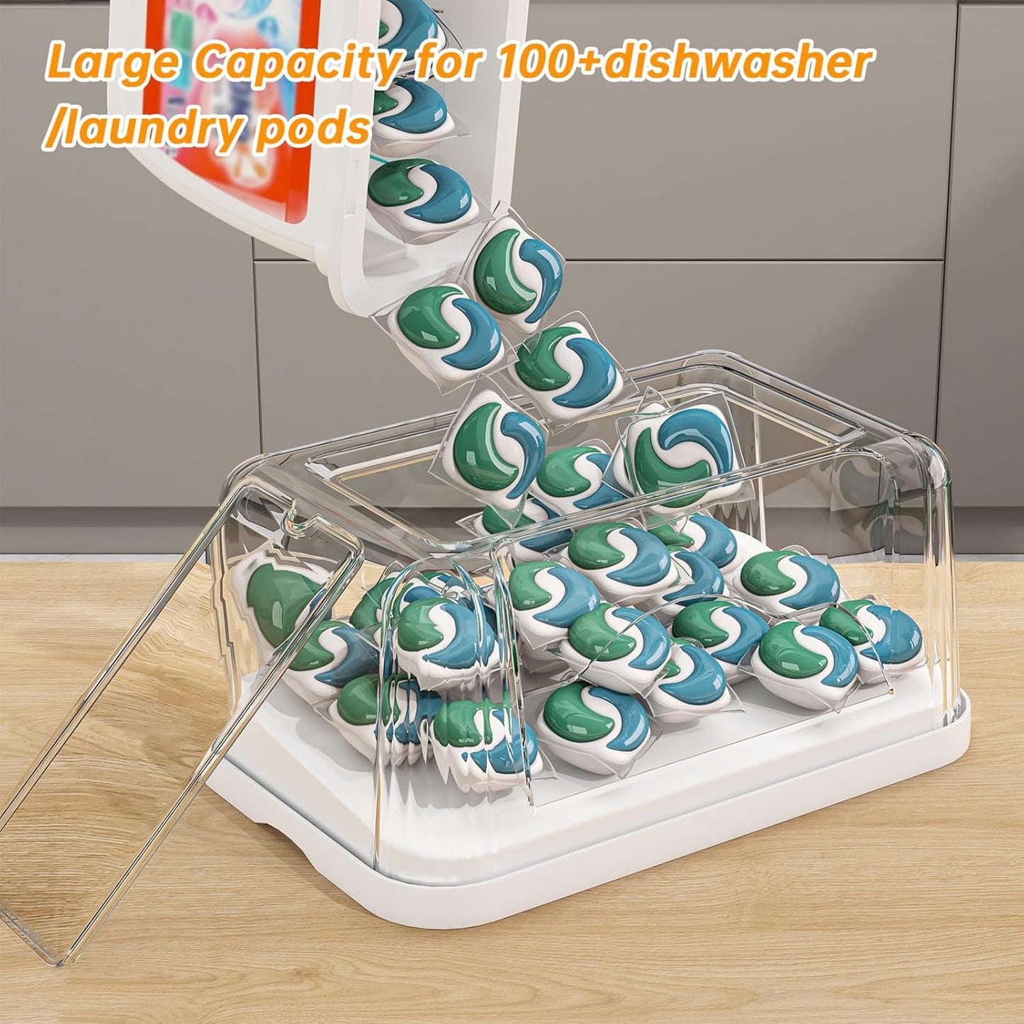 3-in-1 Trash Bag Dispenser, Laundry & Dishwasher Pods Organizer, Garbage Bag Holder, Cleaner Tablets Storage Box, Laundry Room Pantry Kitchen Under Sink Organizer Bin, Clear