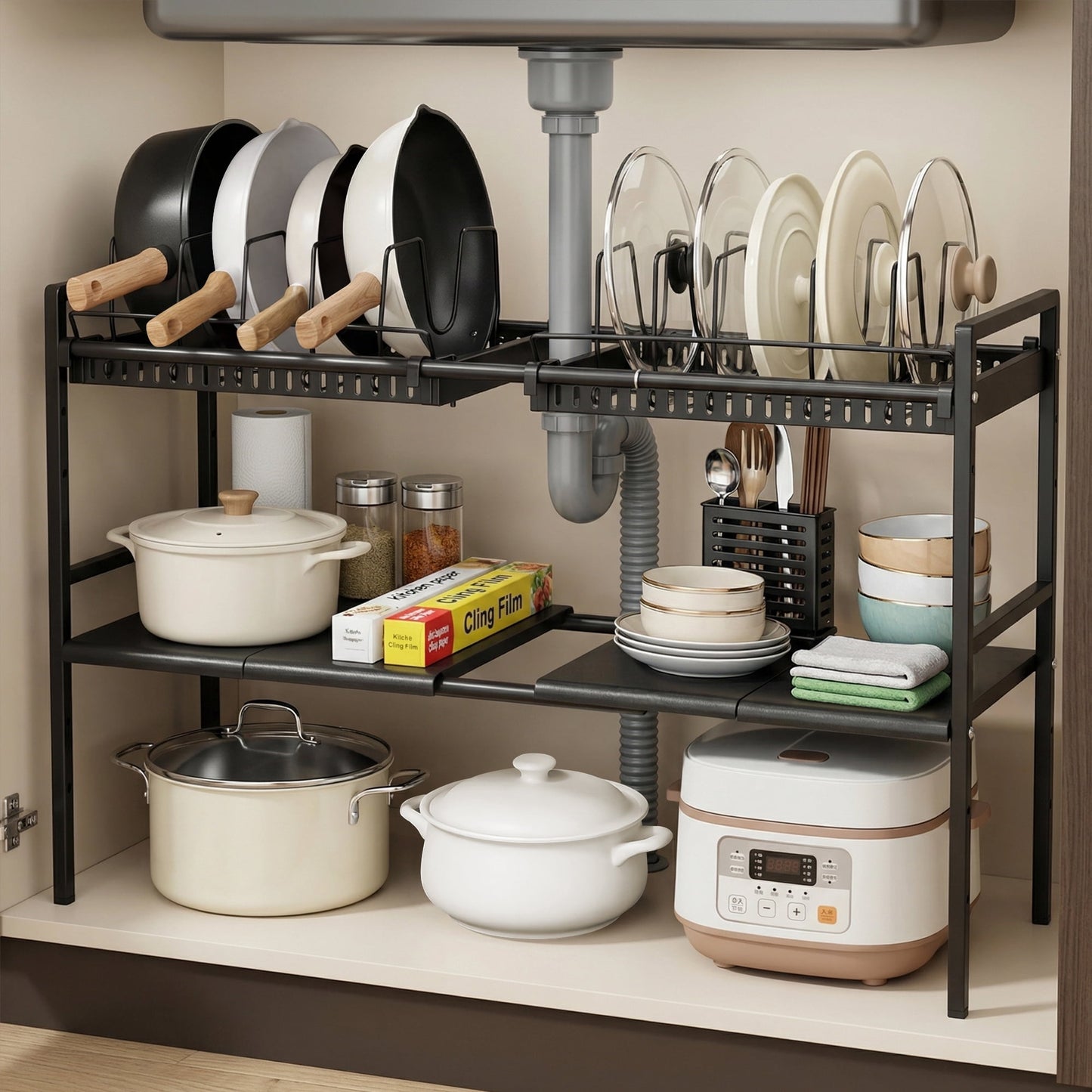 Expandable Pots and Pans Organizer Under Cabinet, 2-Tier Adjustable Pot Rack with 2 Removable Lid Holders, Black
