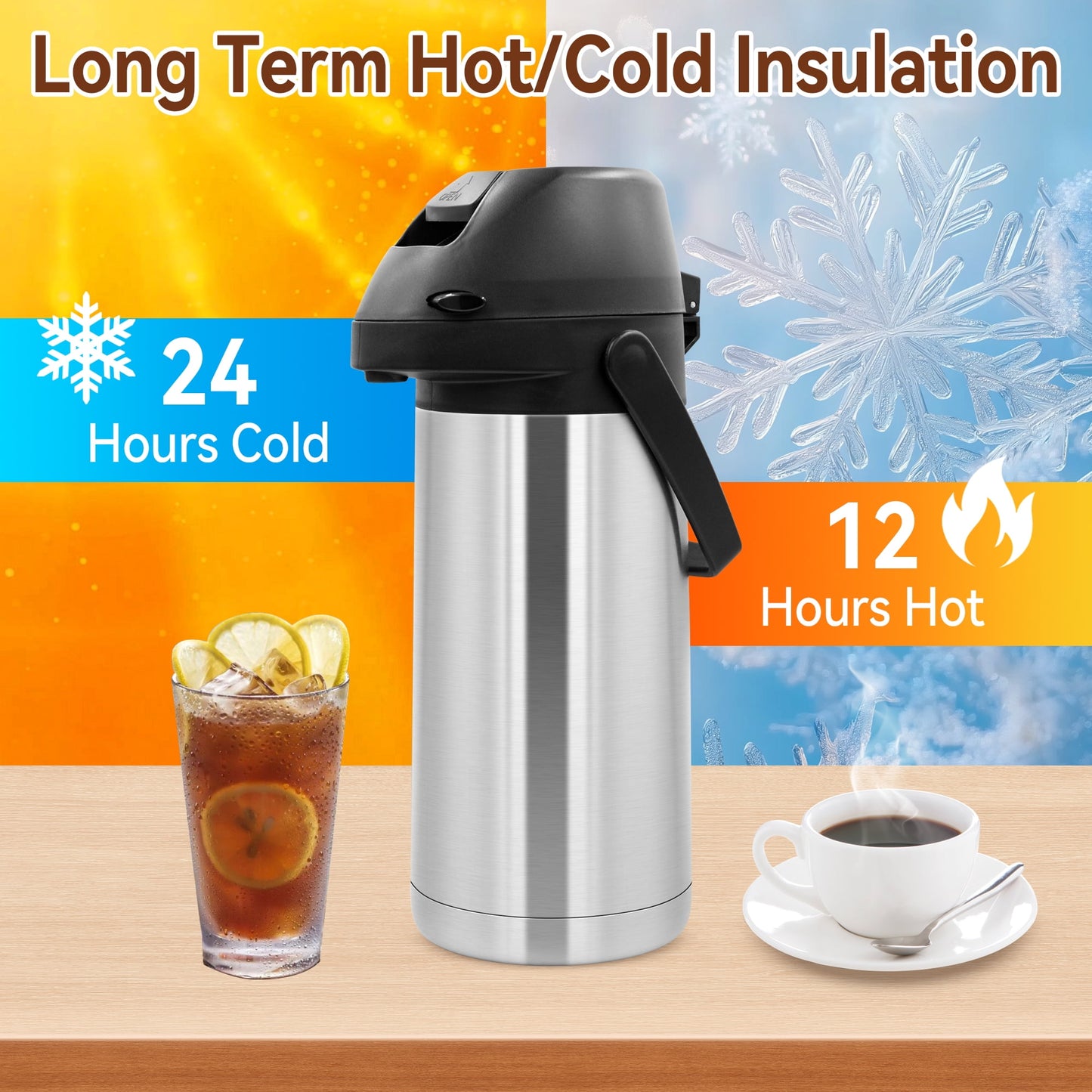 65oz Thermal Airpot Carafe with Pump, Stainless Steel Vacuum Insulated Coffee Dispenser for Hot and Cold Beverage (Silver）