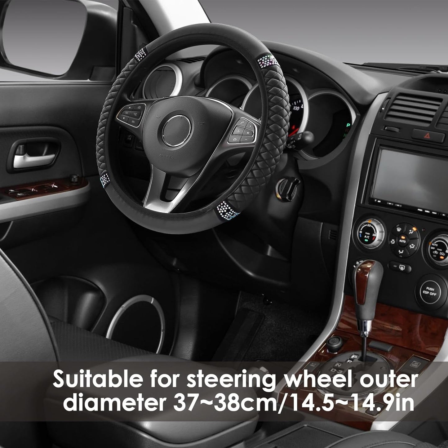 Sentryse Leather Car Steering Wheel Cover with Anti-Slip Lining, Universal 15 inch, Black