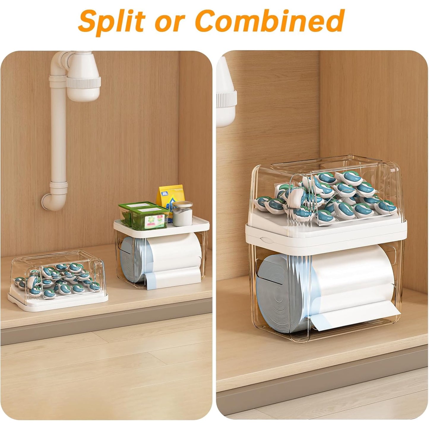 3-in-1 Trash Bag Dispenser, Laundry & Dishwasher Pods Organizer, Garbage Bag Holder, Cleaner Tablets Storage Box, Laundry Room Pantry Kitchen Under Sink Organizer Bin, Clear