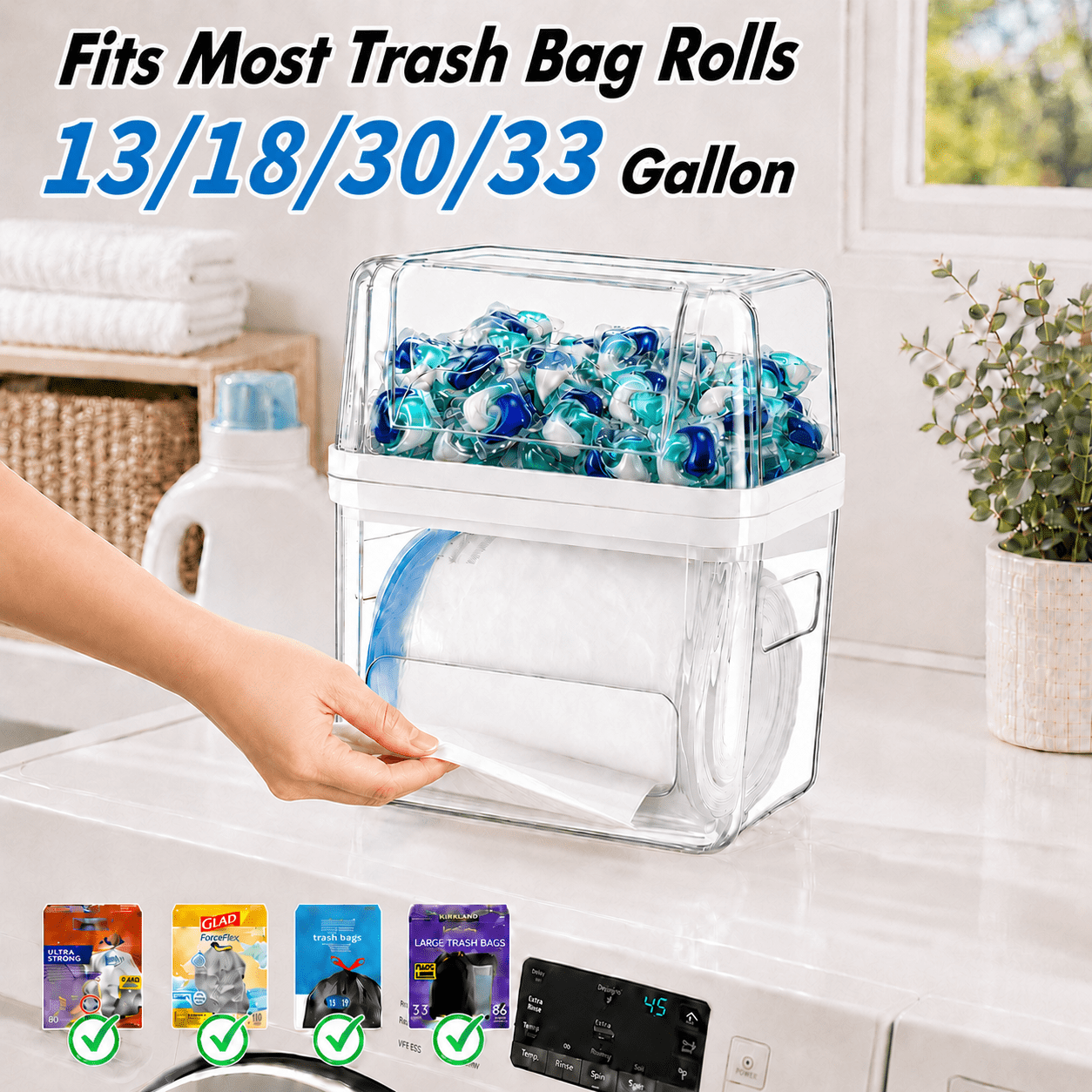 Sentryse Acrylic Trash Bag Dispenser and Pod Organizer, 3-in-1 Under Sink Storage for Trash Bags, Laundry Pods and Dishwasher Pods, Clear Kitchen Cabinet Organizer Bins