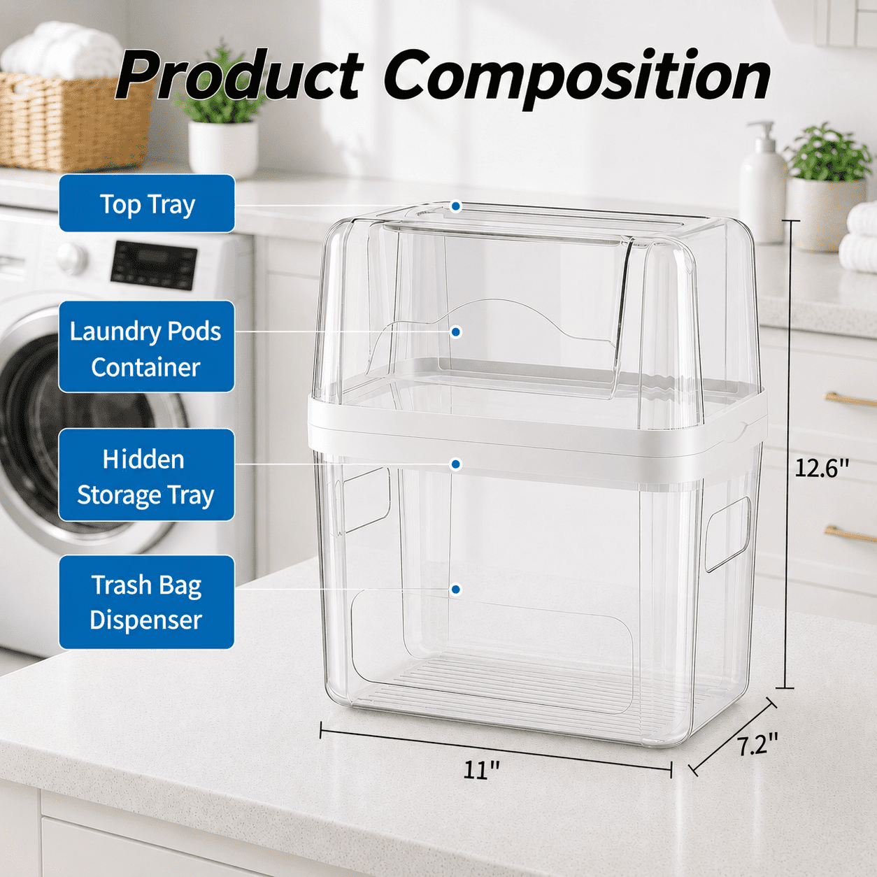 Sentryse Acrylic Trash Bag Dispenser and Pod Organizer, 3-in-1 Under Sink Storage for Trash Bags, Laundry Pods and Dishwasher Pods, Clear Kitchen Cabinet Organizer Bins