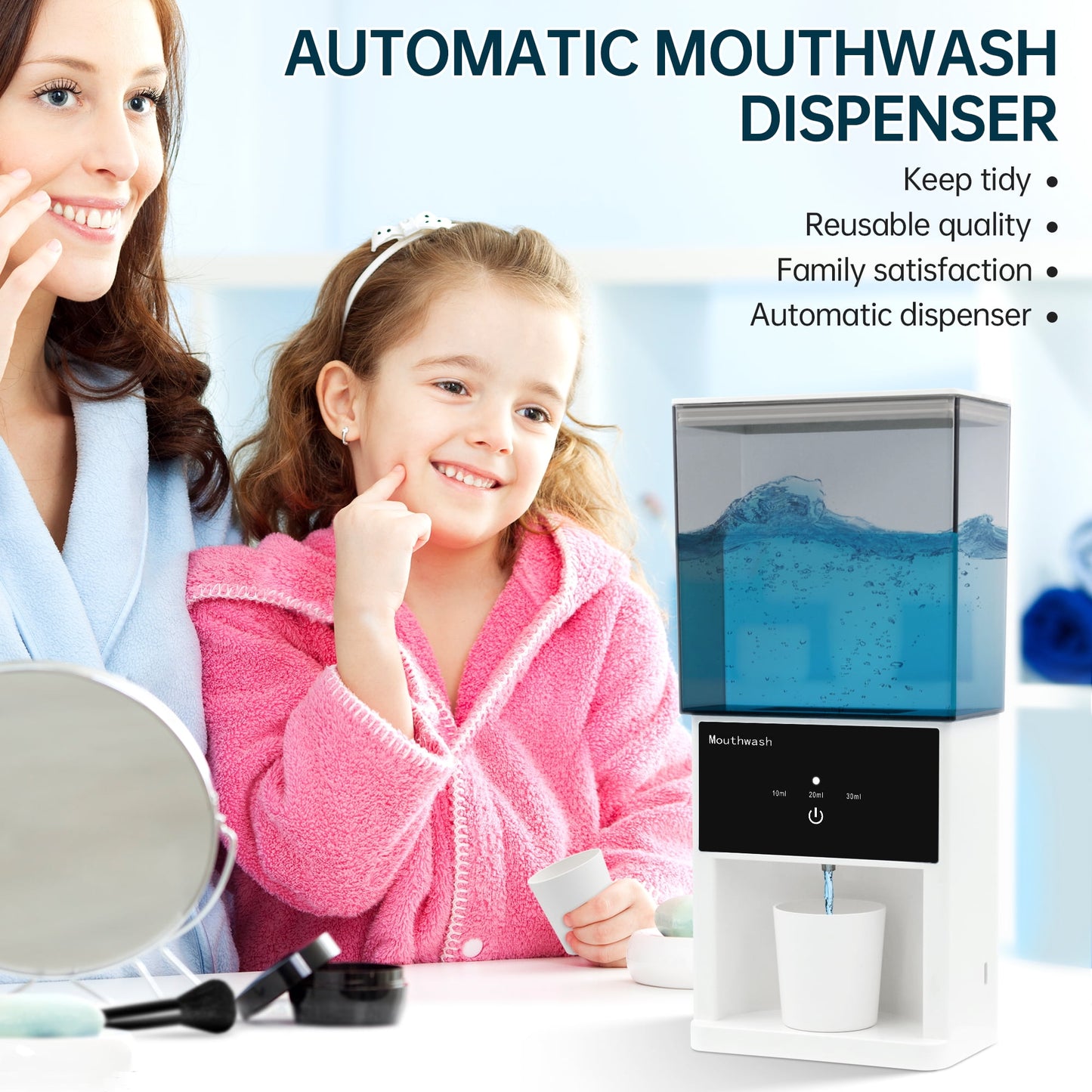 Sentryse 20oz Automatic Mouthwash Dispenser, 3 Dispensing Levels, Electric Mouth Wash Dispenser for Bathroom, 2 Magnetic Cups, Wall-Mounted＆Countertop Use