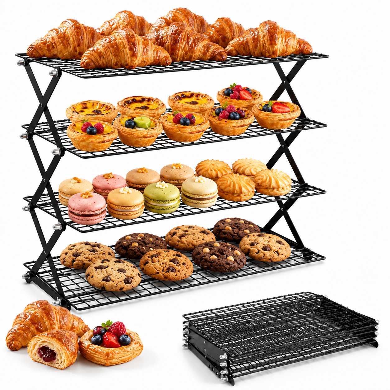 Sentryse 4 Tier Cooling Rack for Baking, Adjustable Collapsible Wire Rack with 100 Parchment Paper Sheets & Silicone Baking Mat for Cookies, Cakes, Roasting & Meal Prep