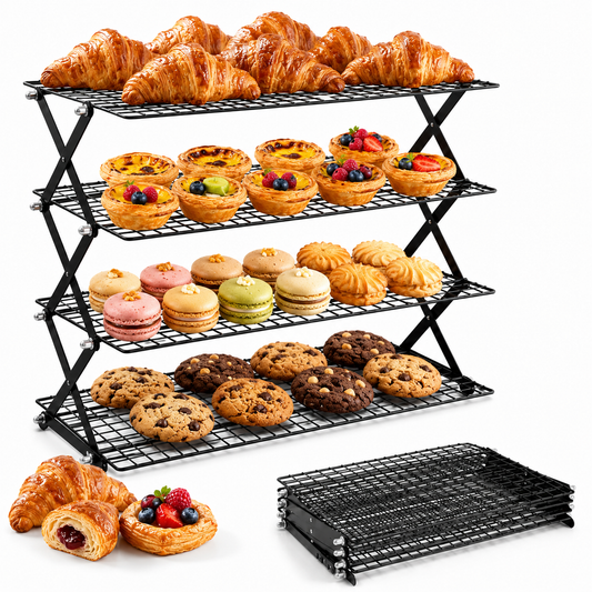 Sentryse 4 Tier Cooling Rack for Baking, Adjustable Collapsible Wire Rack with 100 Parchment Paper Sheets & Silicone Baking Mat for Cookies, Cakes, Roasting & Meal Prep