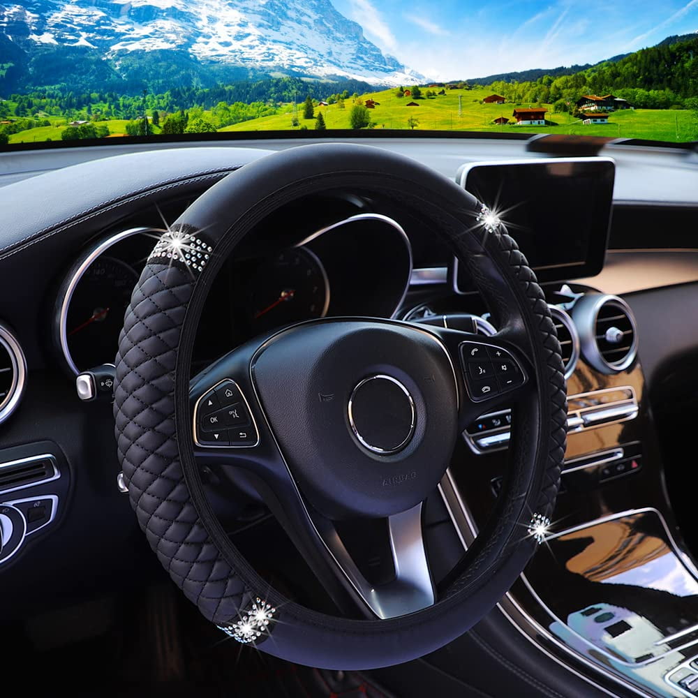 Sentryse Leather Car Steering Wheel Cover with Anti-Slip Lining, Universal 15 inch, Black