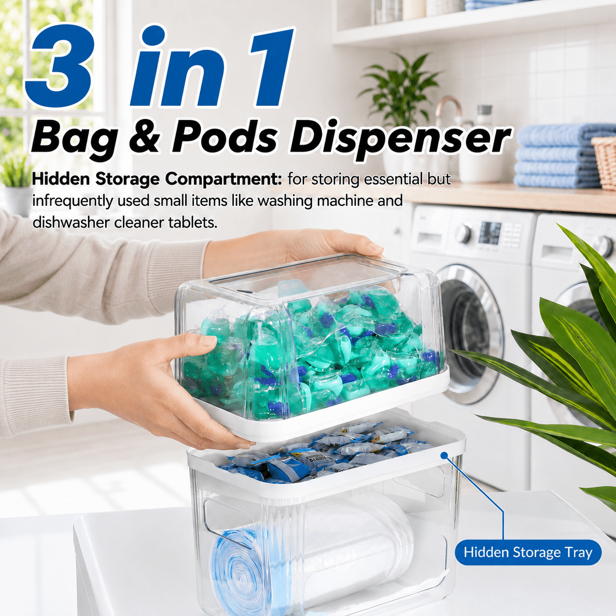 Sentryse Acrylic Trash Bag Dispenser and Pod Organizer, 3-in-1 Under Sink Storage for Trash Bags, Laundry Pods and Dishwasher Pods, Clear Kitchen Cabinet Organizer Bins